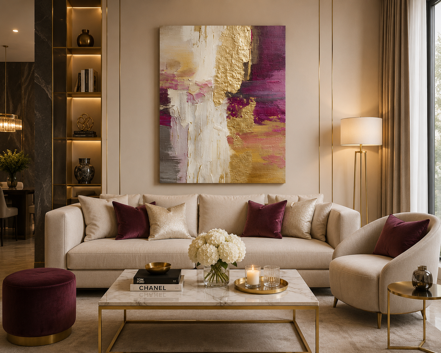 Purple & Muted Gold Abstract Canvas Wall Art – Modern Luxe Minimalist Painting Print