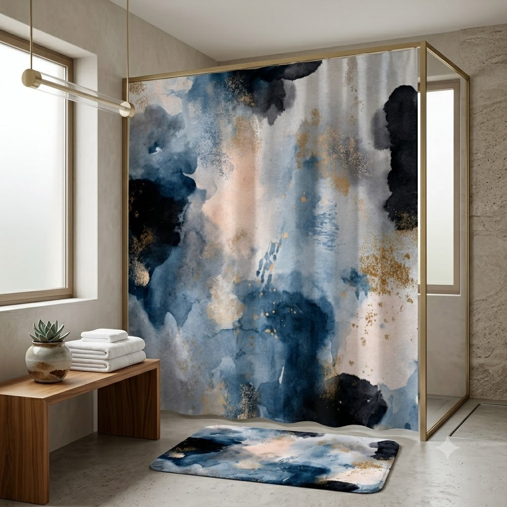 Blue Boho Shower Curtain, Bath Mat | Blush Watercolor Bathroom Set