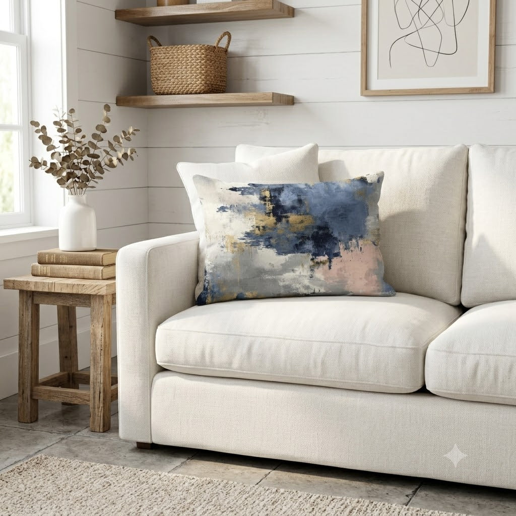 Abstract Lumbar Pillow | Navy Blue, Blush White