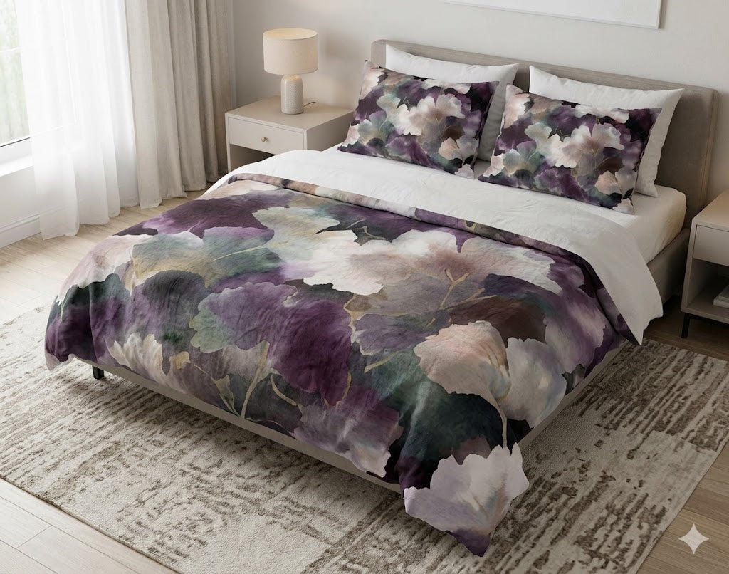 Purple Floral Duvet, Pillow Cover | Gingko Comforter, Farmhouse Bedroom Decor