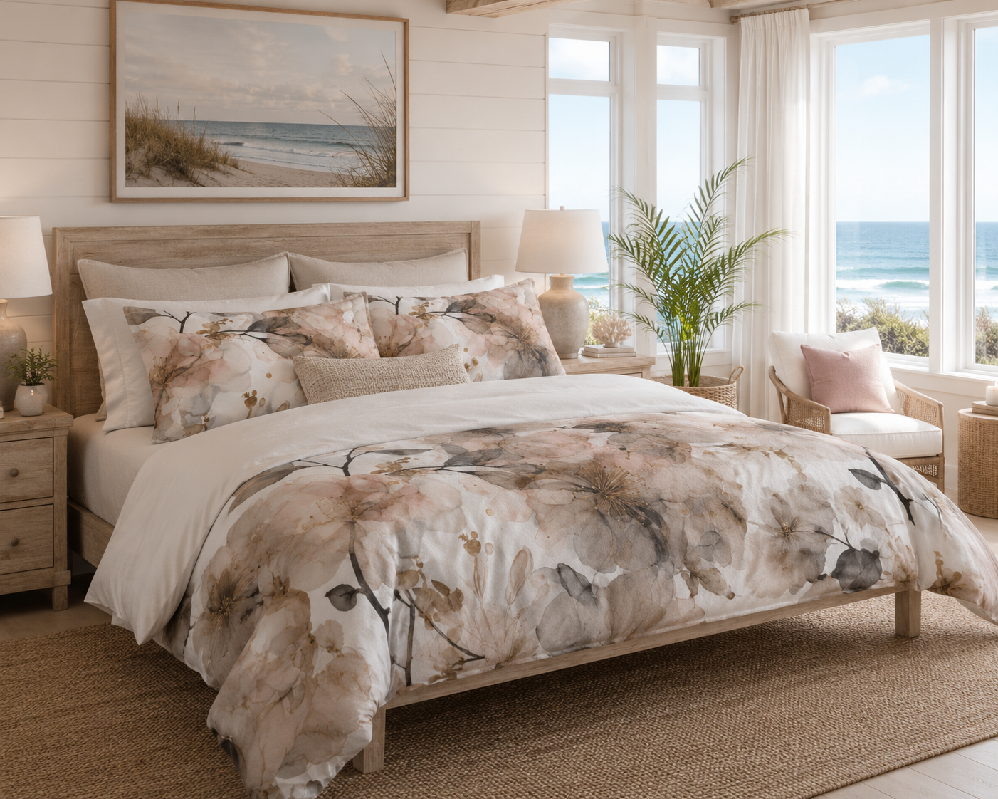 Abstract Floral Duvet Cover Set | Grey Watercolor Bedding in Emerald Green