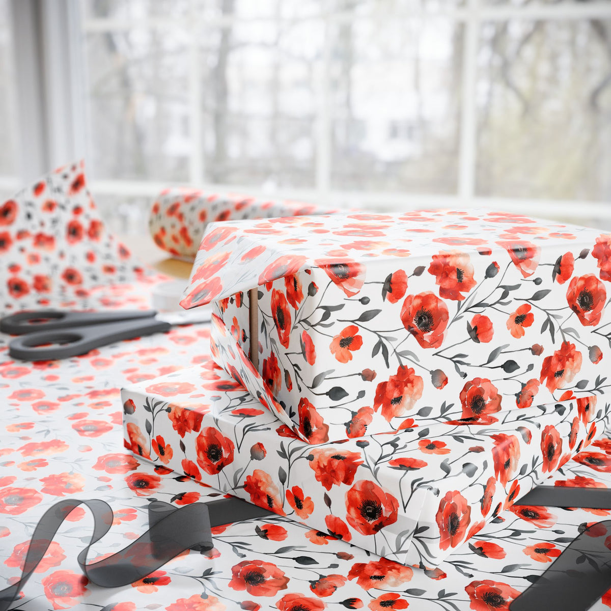 Red Watercolor Poppy Wrapping Paper, Floral Gift Wrap