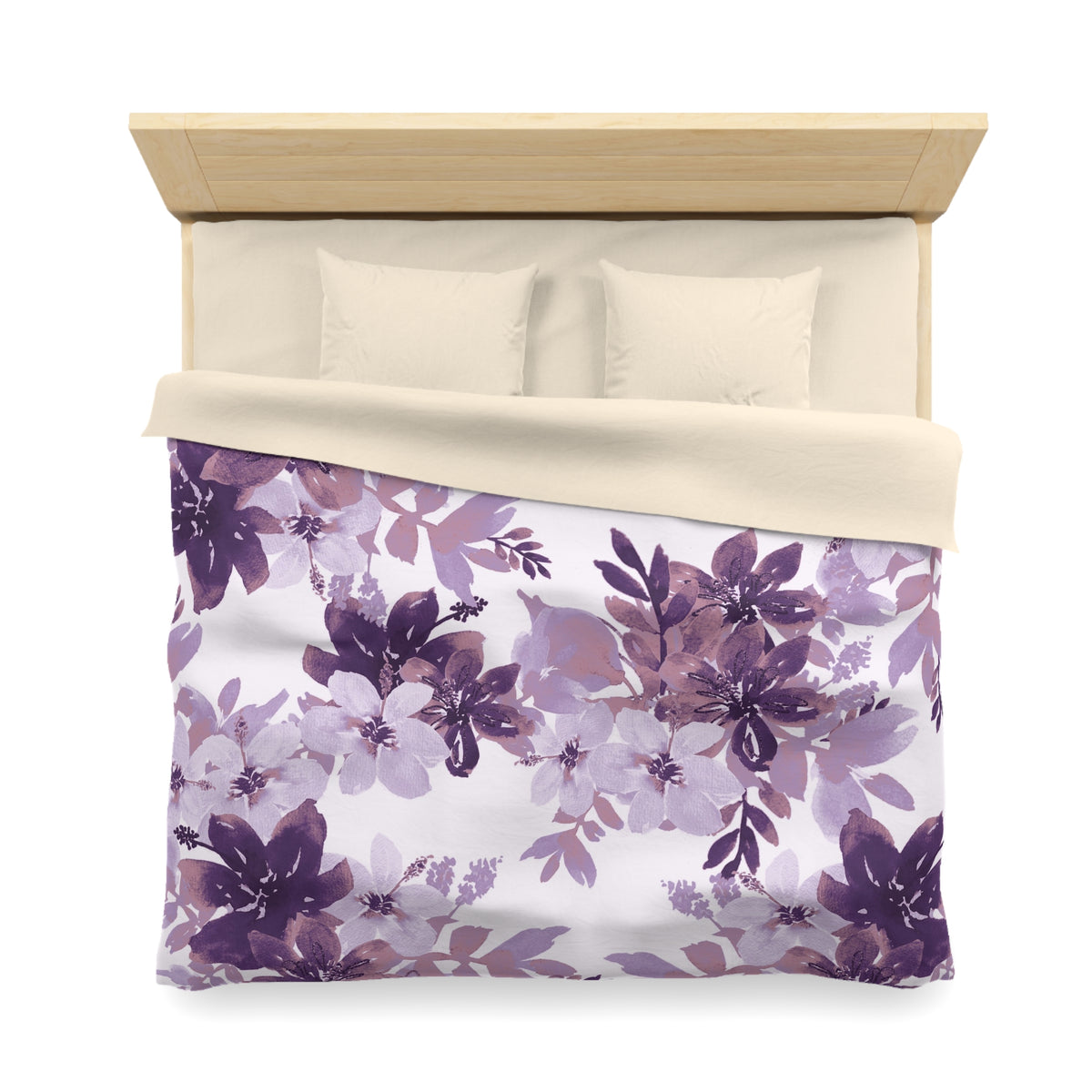 a neatly made bed with a floral print duvet cover featuring purple and white flowers. The bed has a wooden headboard and two pillows.