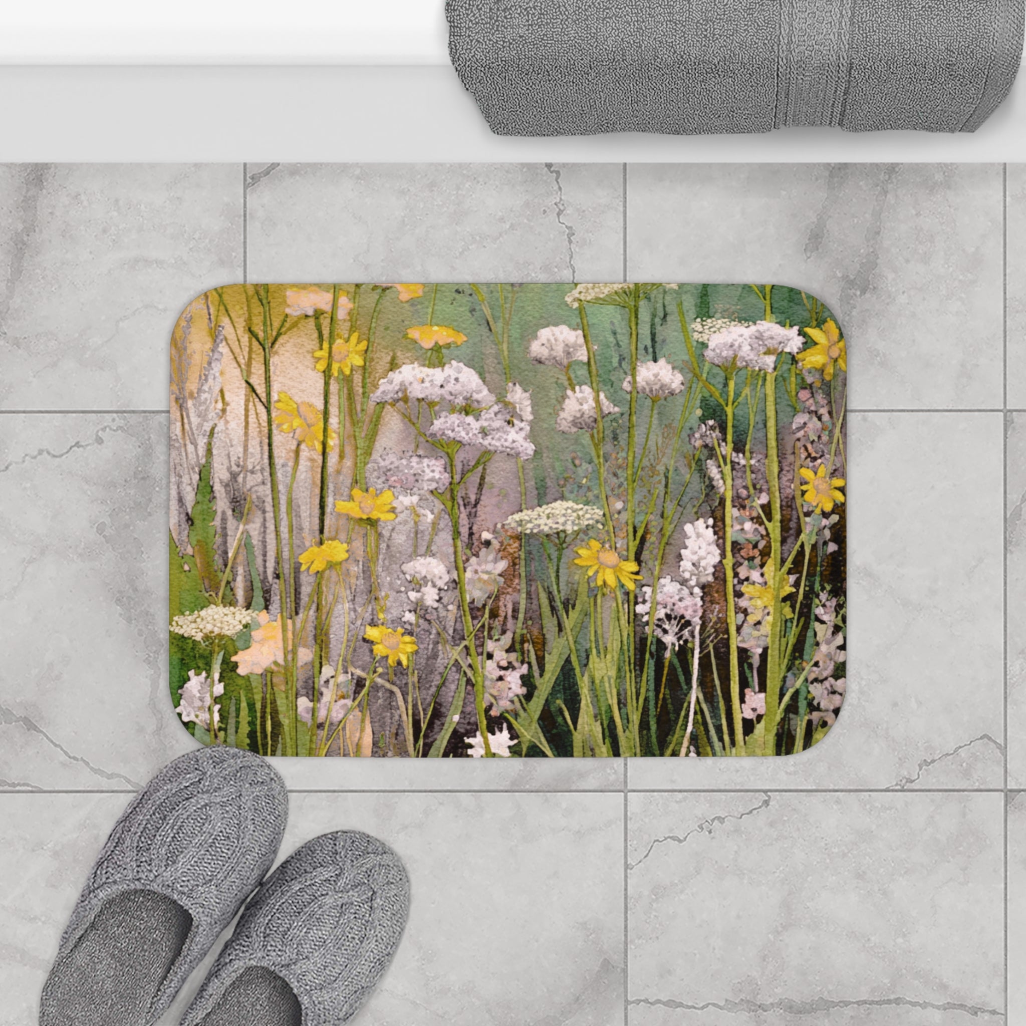 Abstract Floral Bath Mat | Yellow Green Watercolor Kitchen Mat