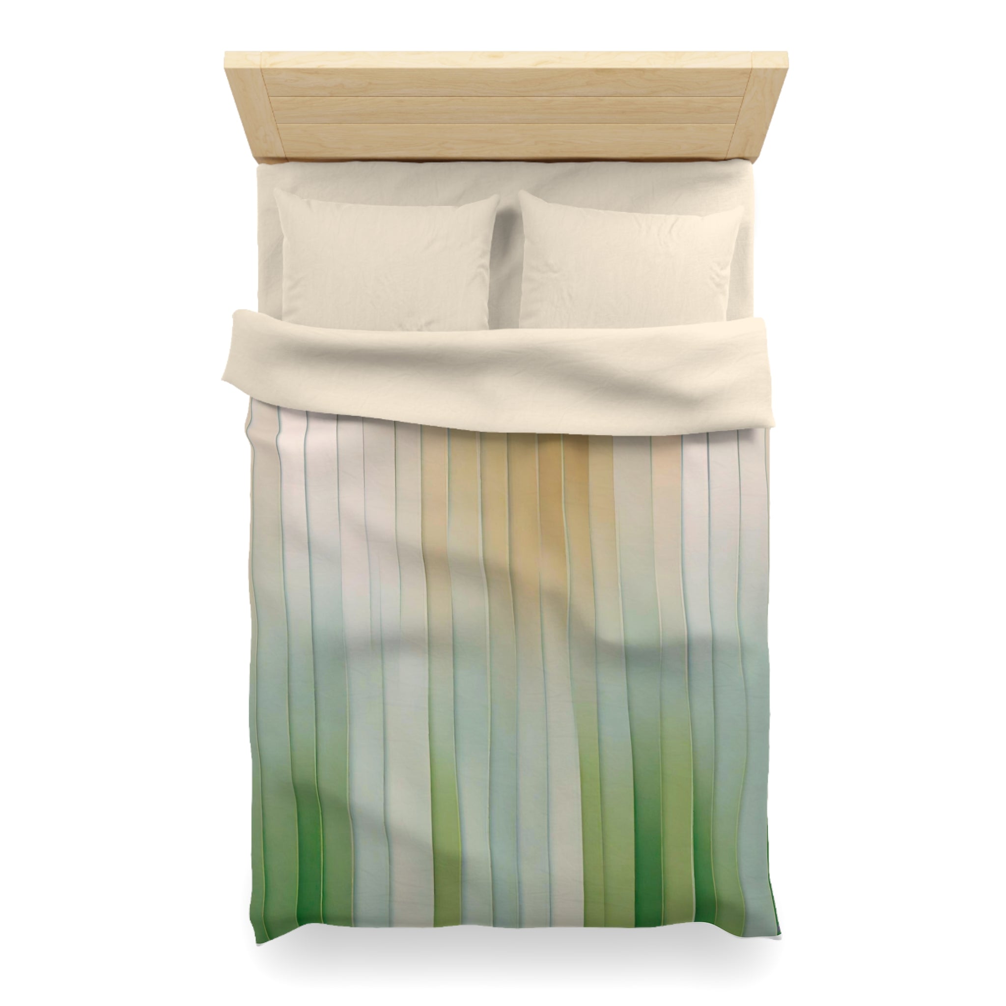 A neatly made bed with a striped green and white comforter and two white pillows.