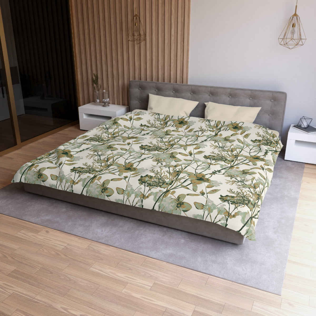 a modern bedroom with a large bed featuring a floral print comforter and pillows. The bed is positioned against a wall with a wooden panel design. The room has a minimalist and clean aesthetic, with a gray headboard and white nightstands.