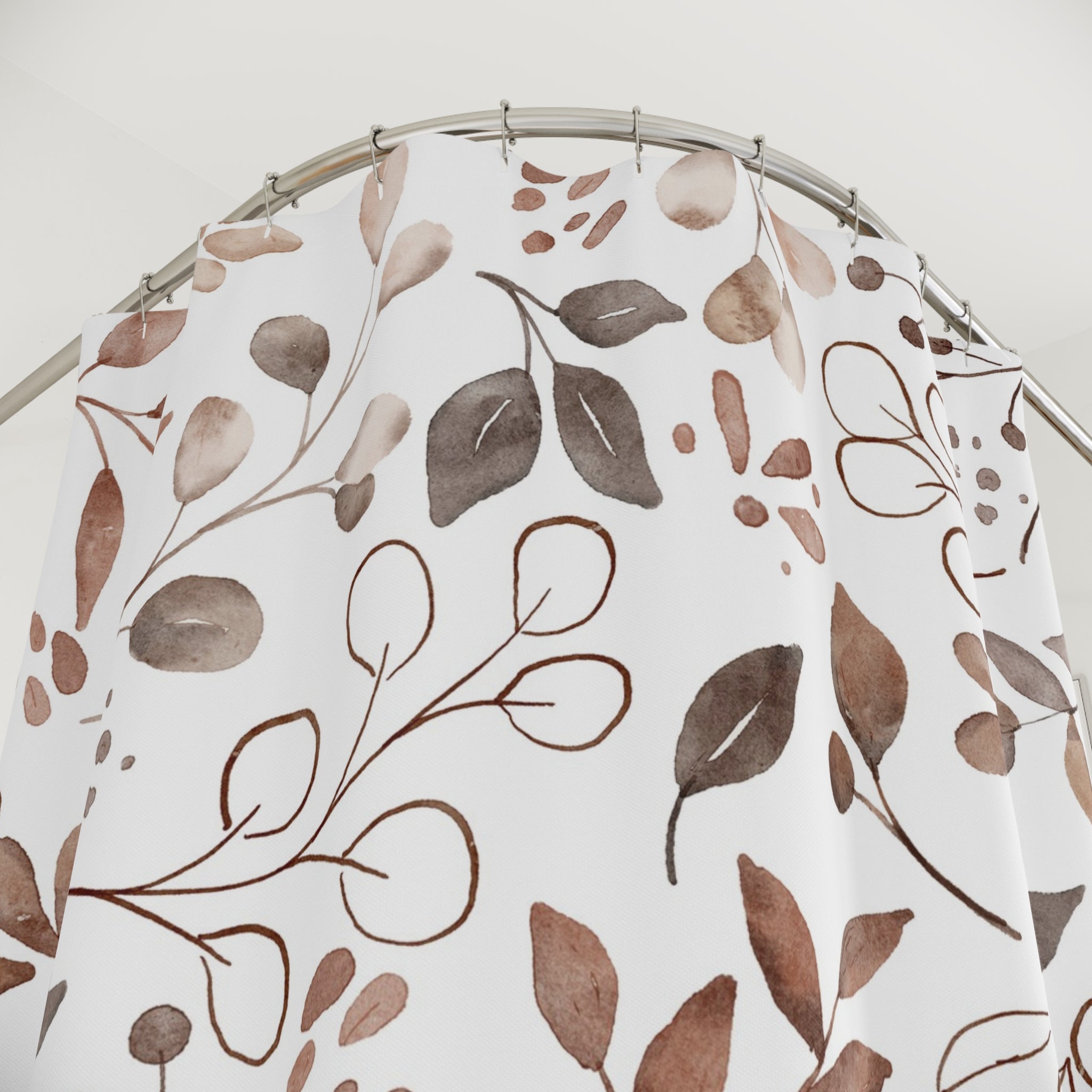 Boho Shower Curtain | Abstract Floral Leaves, Brown White