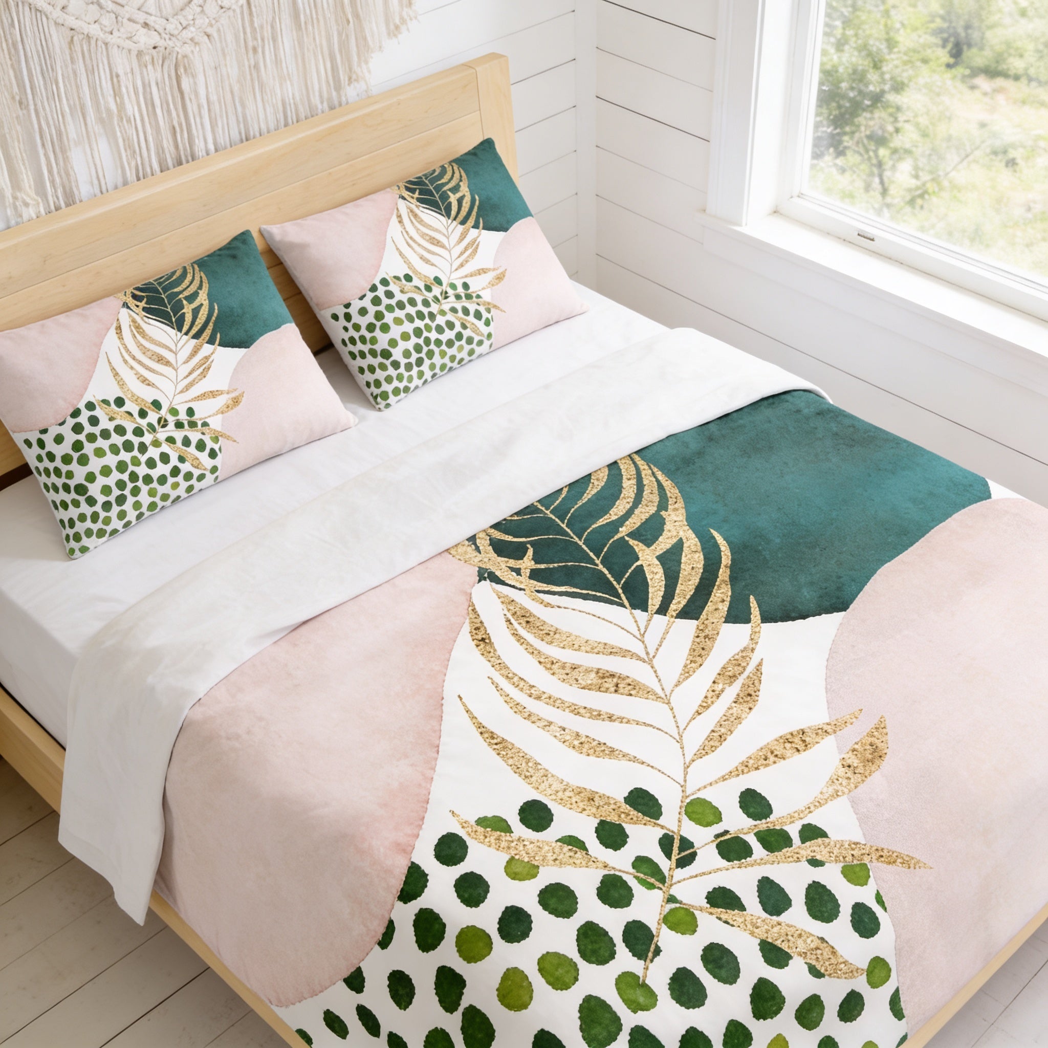 a bedroom with a bed featuring a colorful and patterned bedspread and pillows. The bedspread has a tropical leaf design in shades of green and gold, and the pillows have a polka dot pattern in pink and green. The room has a white wooden headboard and a window with white curtains, allowing natural light to enter the space.
