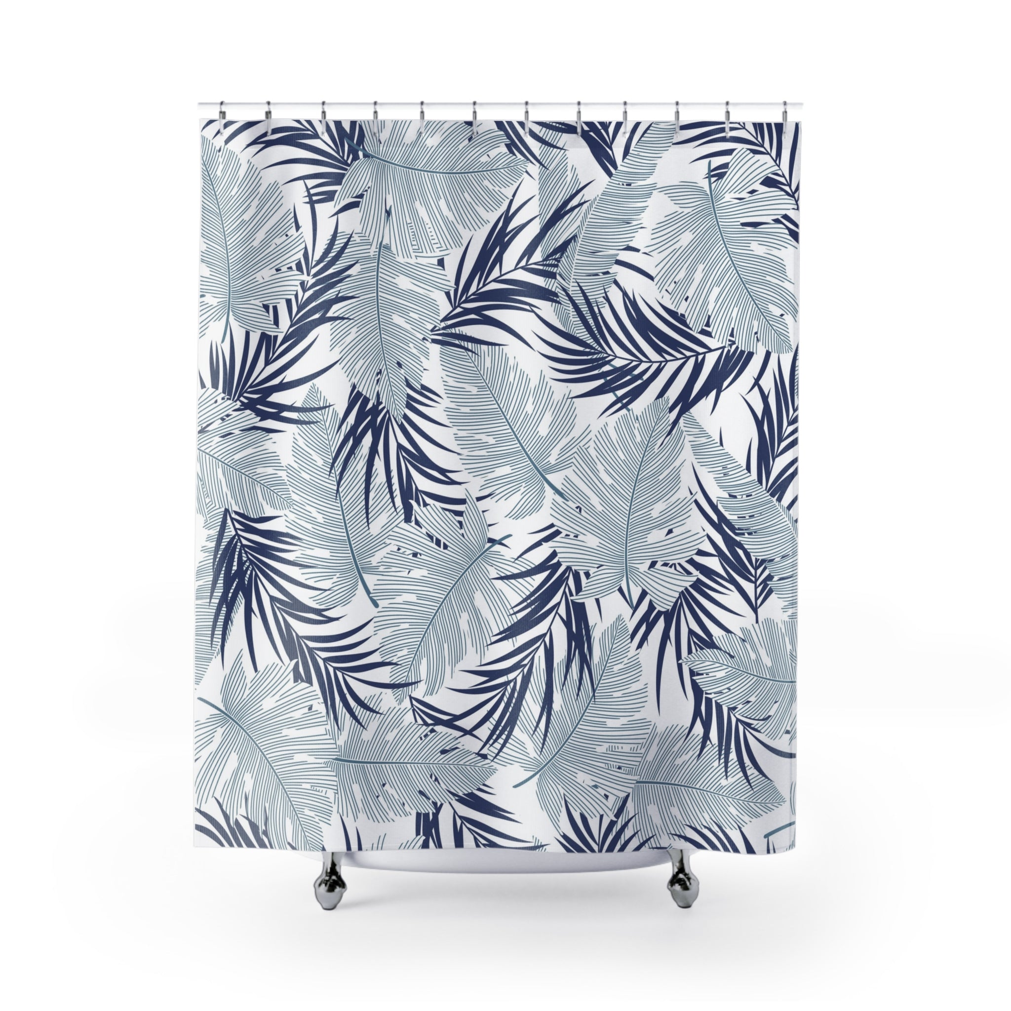 a shower curtain with a repeating pattern of blue and white palm leaves.