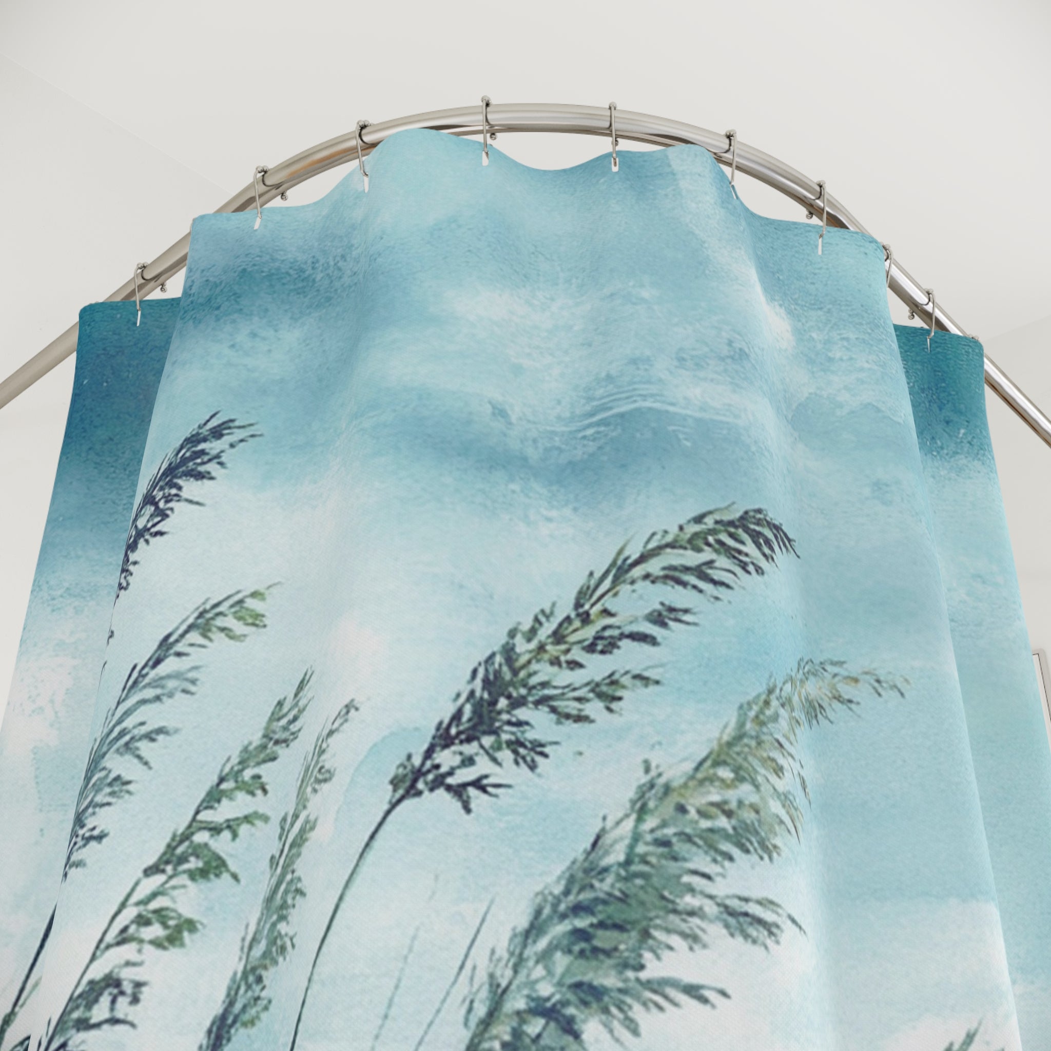 Boho Shower Curtain | Blue Sky Ocean, Green Wild Nature