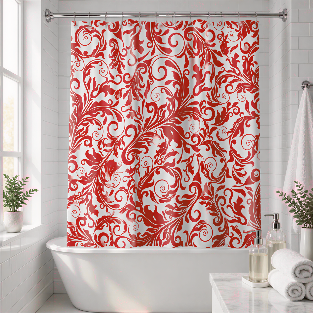 a bathroom with a white bathtub, a red and white patterned shower curtain, and a window. There are also some plants and toiletries visible in the bathroom.