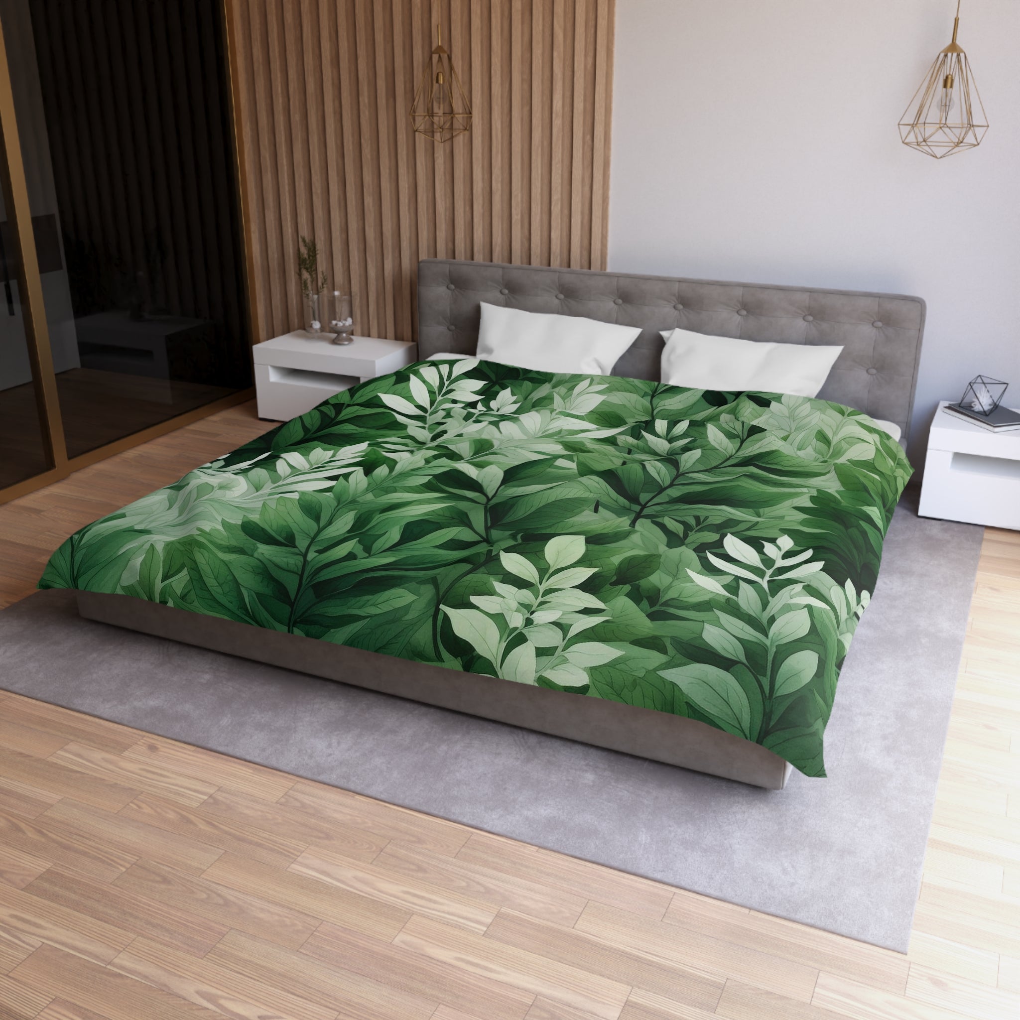 a modern bedroom with a large bed covered in a green leafy patterned comforter. The bed is positioned against a wall with a wooden panel design. The room also features a nightstand, a pendant light, and a mirror.