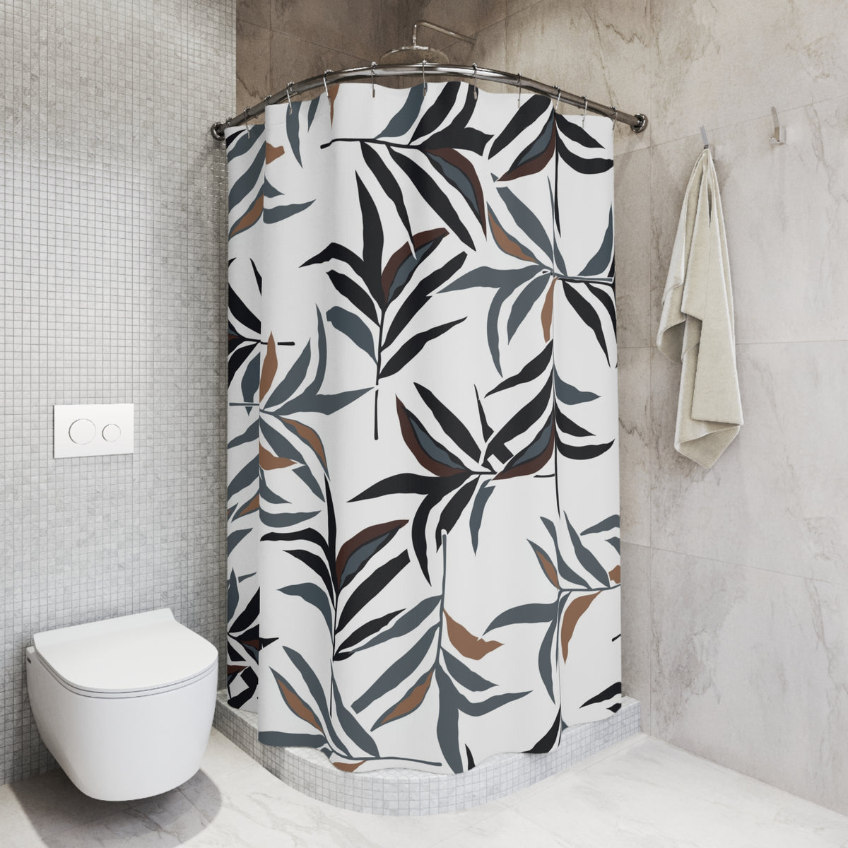 a bathroom with a shower curtain adorned with a leafy pattern in shades of gray and brown. The shower curtain is hanging on a rod next to a towel, and there is a white toilet visible in the corner of the room.