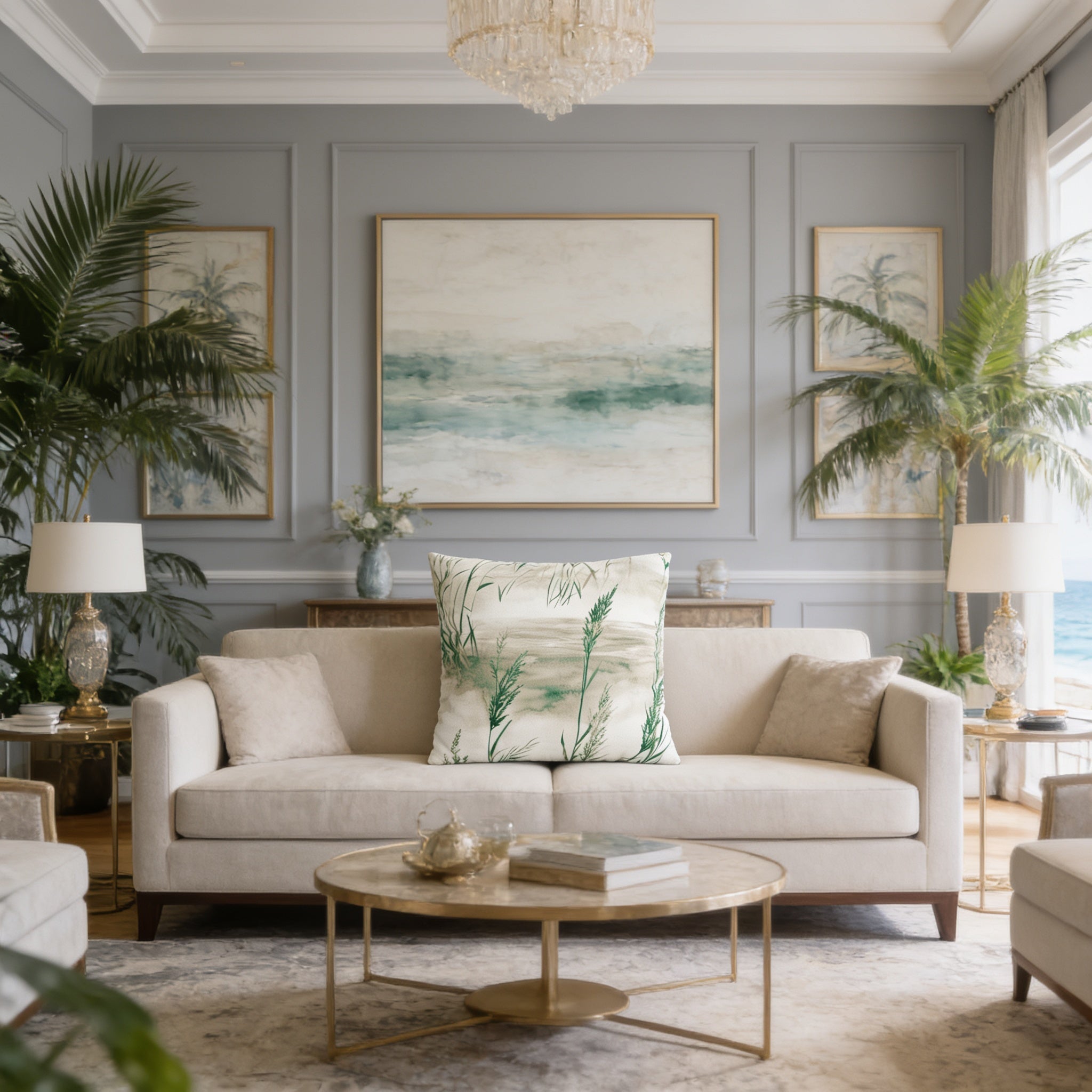 a well-decorated living room with a large painting on the wall, a sofa with a green and white pillow, and two lamps on side tables. The room also features a large window overlooking the ocean, and the overall color scheme is neutral, with pops of green from the plants and artwork.
