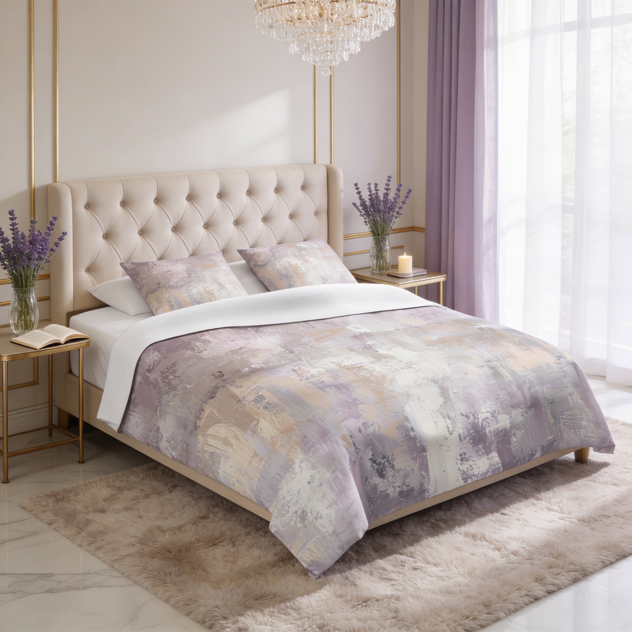 a luxurious bedroom with a large bed, a tufted headboard, and a plush white rug. The bed is adorned with a purple and white patterned comforter and matching pillows. The room features a chandelier, a window with curtains, and a gold side table with a vase of purple flowers.