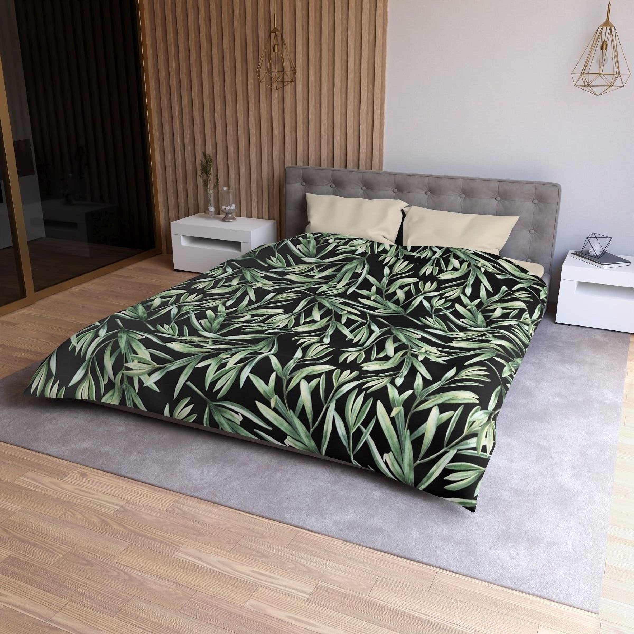 a modern bedroom with a large bed covered in a black and green leafy patterned comforter. The bed is positioned against a wall with a wooden panel design. The room also features a nightstand on each side of the bed, and a rug on the floor.