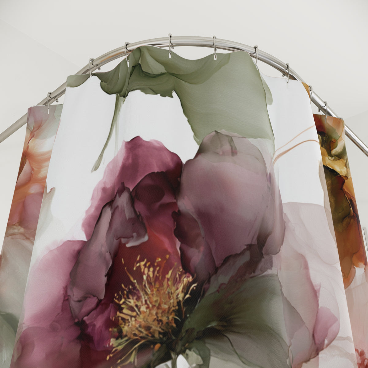 Blush Sage Watercolor Floral Shower Curtain, Bath Curtain 71x74
