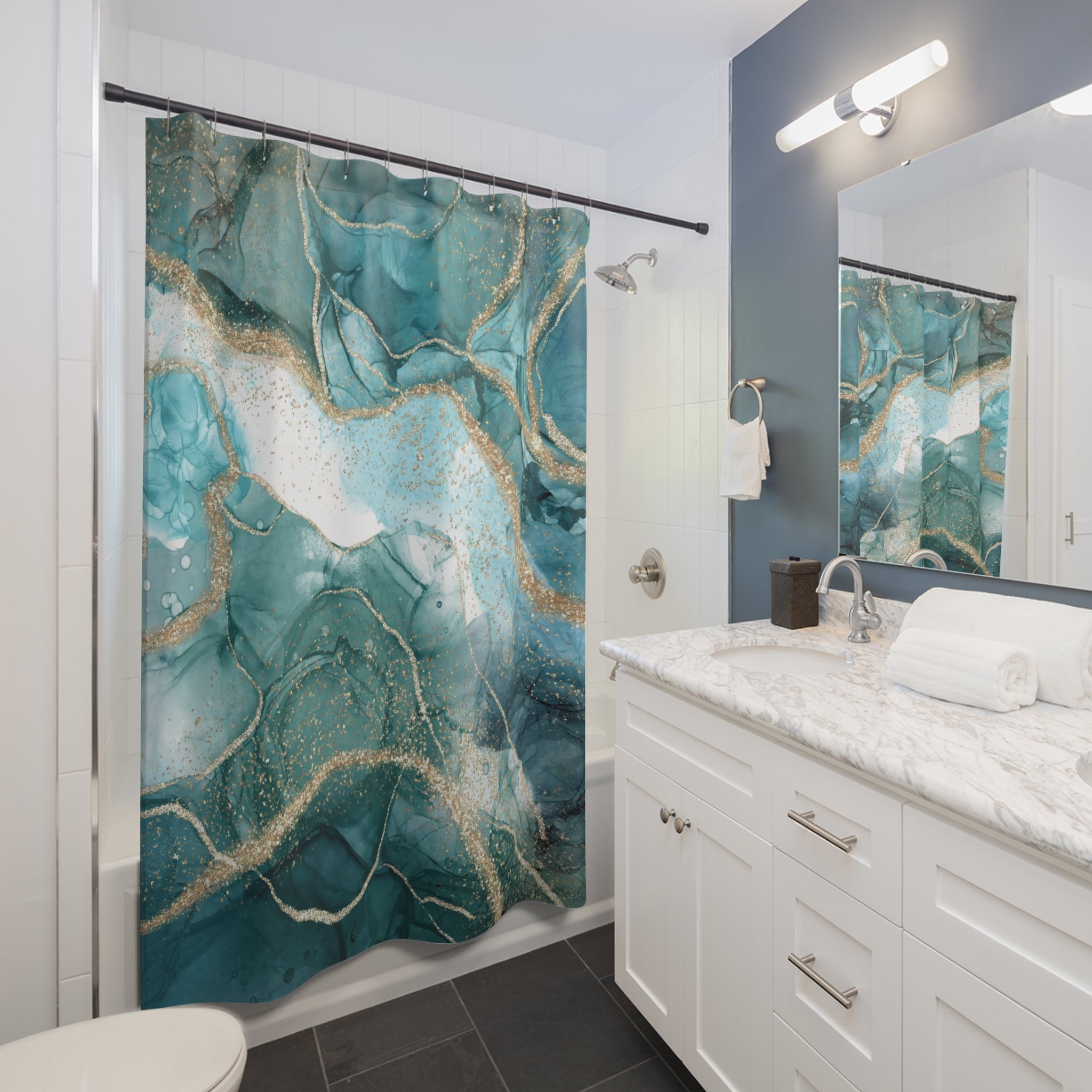 Liquid Ink Shower Curtain | Teal Non Foil Gold