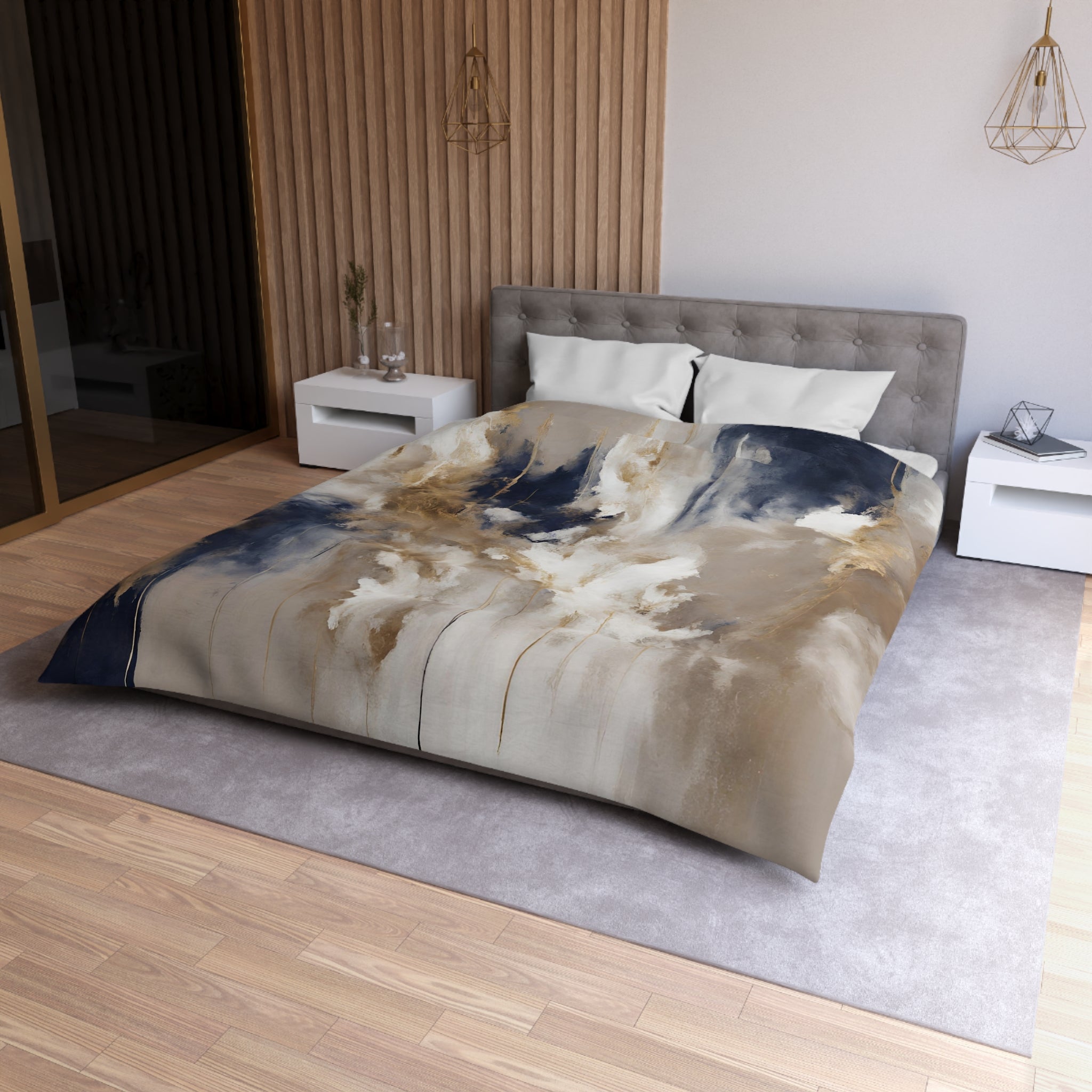 Abstract Duvet, Pillow Cover Set | Navy Blue Beige Bedroom Set