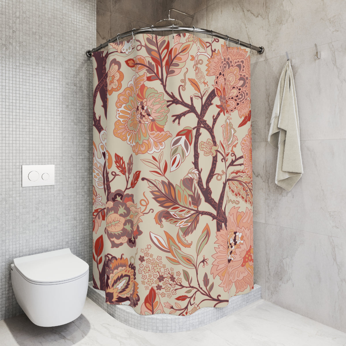 Peach Terracotta Jacobean Floral Shower Curtain, Bath Curtain 71x74