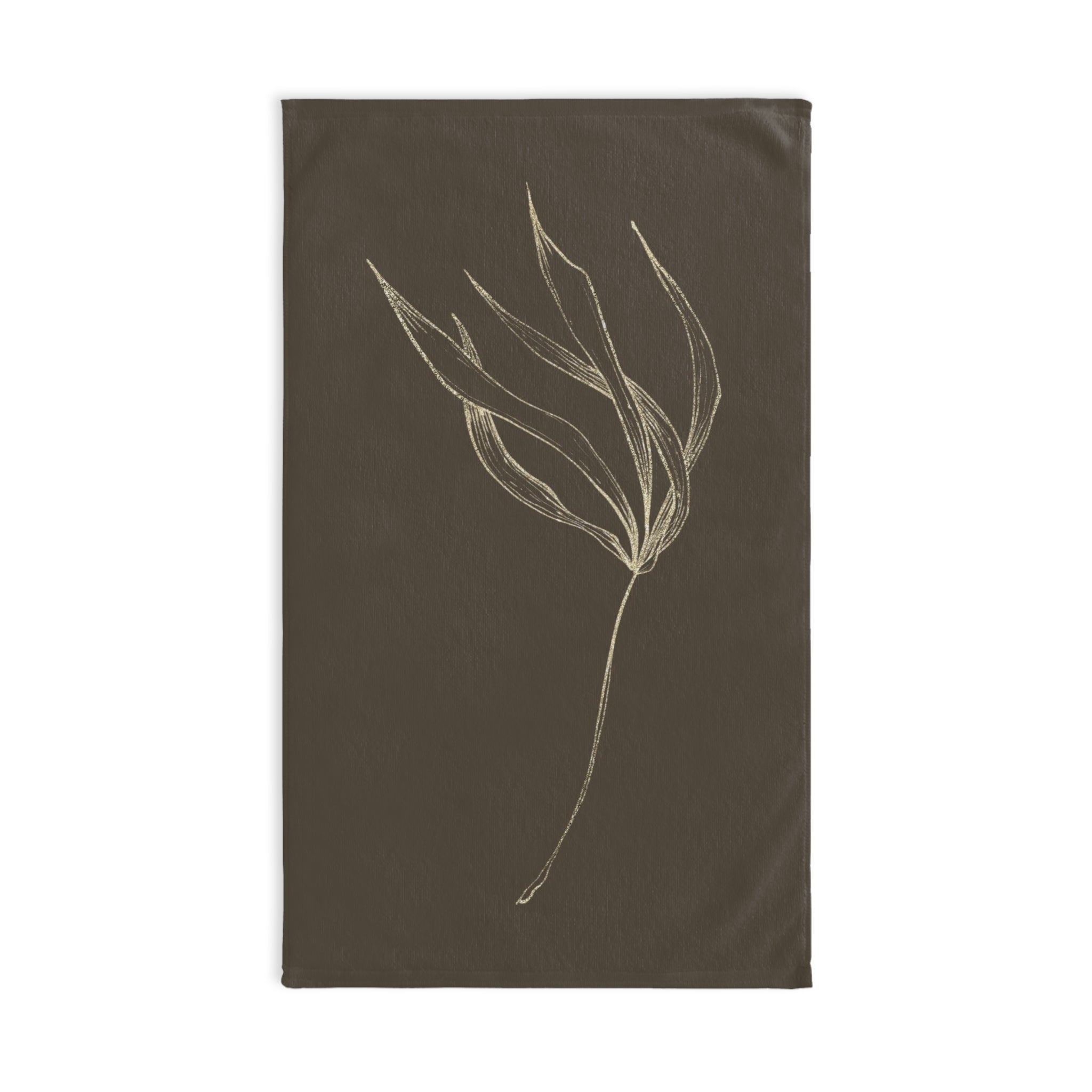 Floral Boho Kitchen, Bath Hand Towel | Dark Brown Beige Gold Leaf