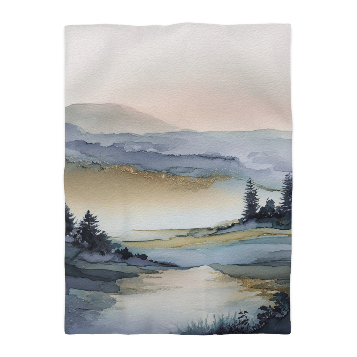 The image is a watercolor painting depicting a serene landscape with a river, mountains, and trees.