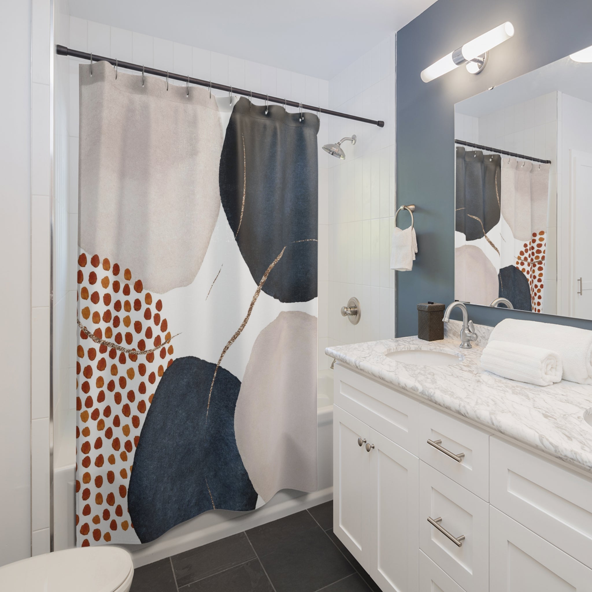 Boho Abstract Shower Curtain | Navy Blue, Cream Rust