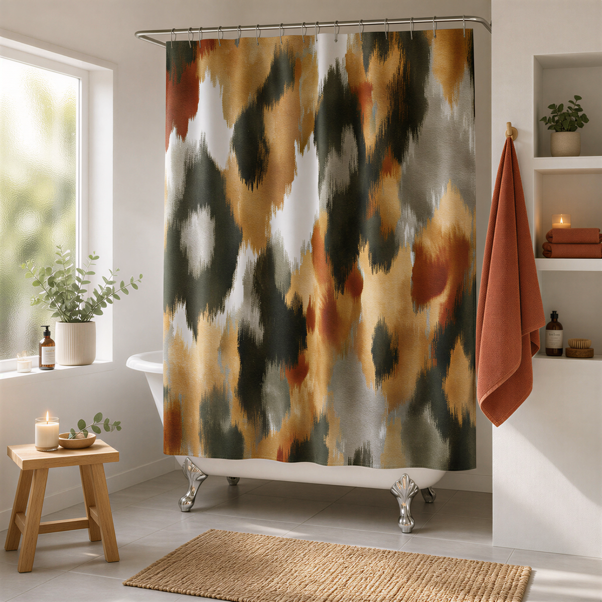 a bathroom with a colorful abstract shower curtain, a white bathtub, and various decorative elements such as a potted plant, a candle, and a towel.