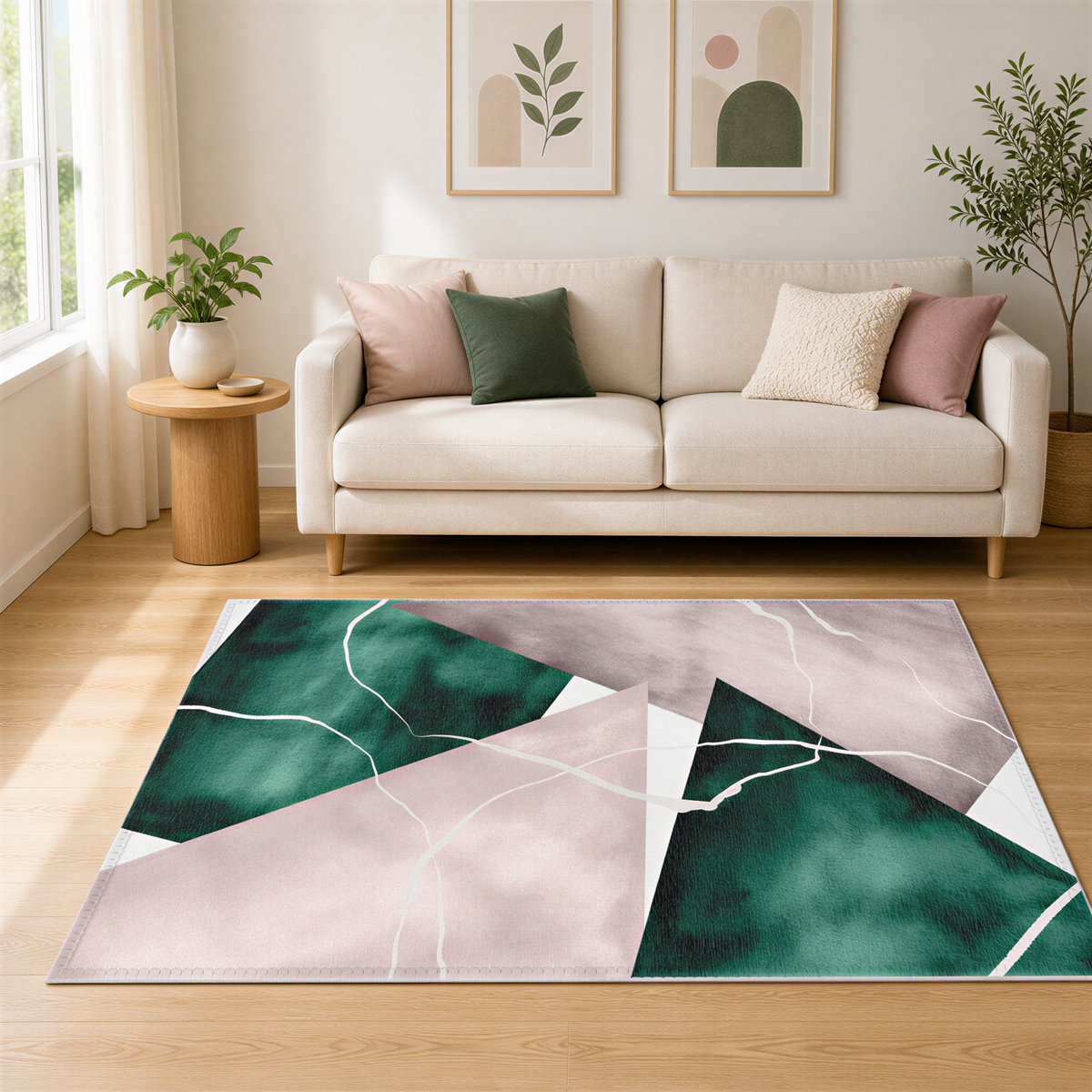 a living room with a white sofa, a green and pink abstract rug, and two framed pictures on the wall.