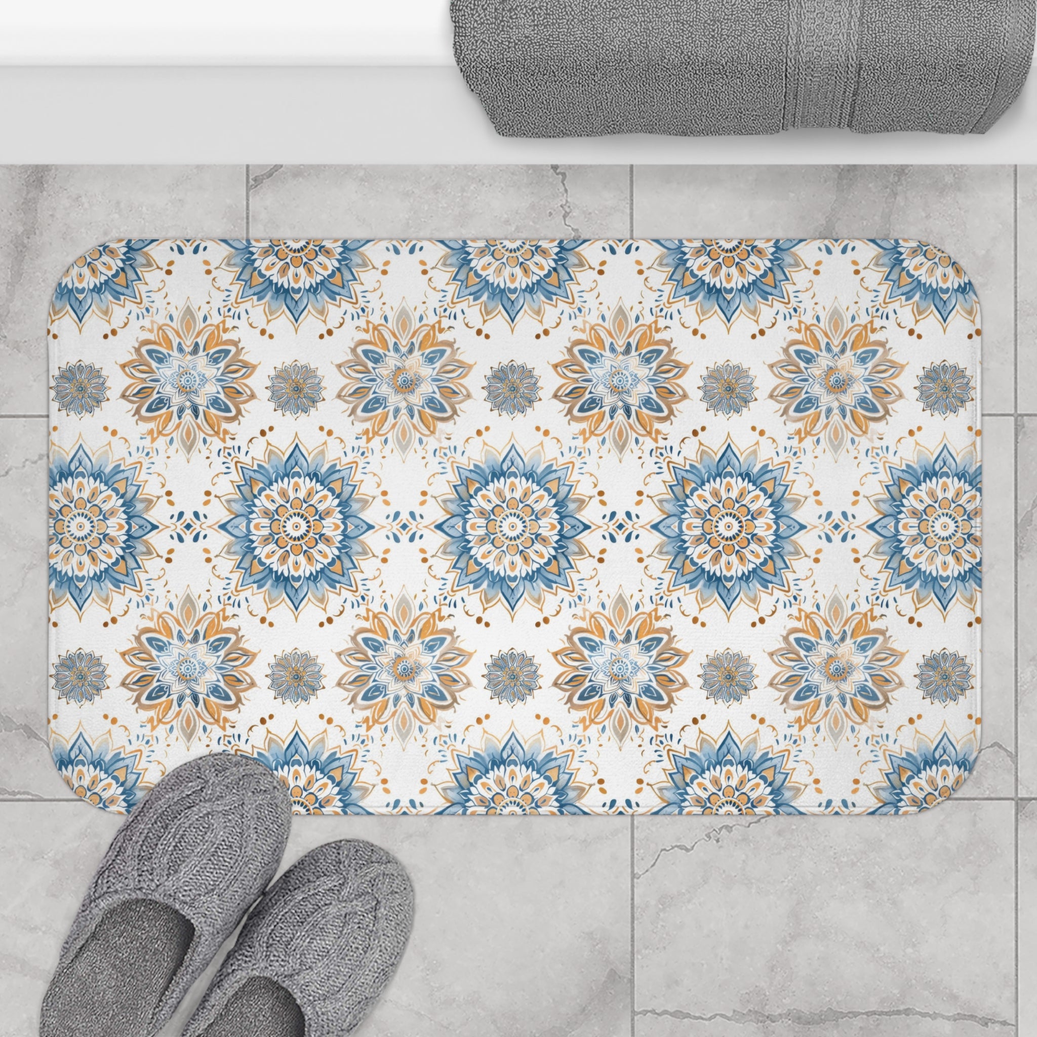 Boho Mandala Bath Mat | Yoga Zen Blue Beige Kitchen Mat