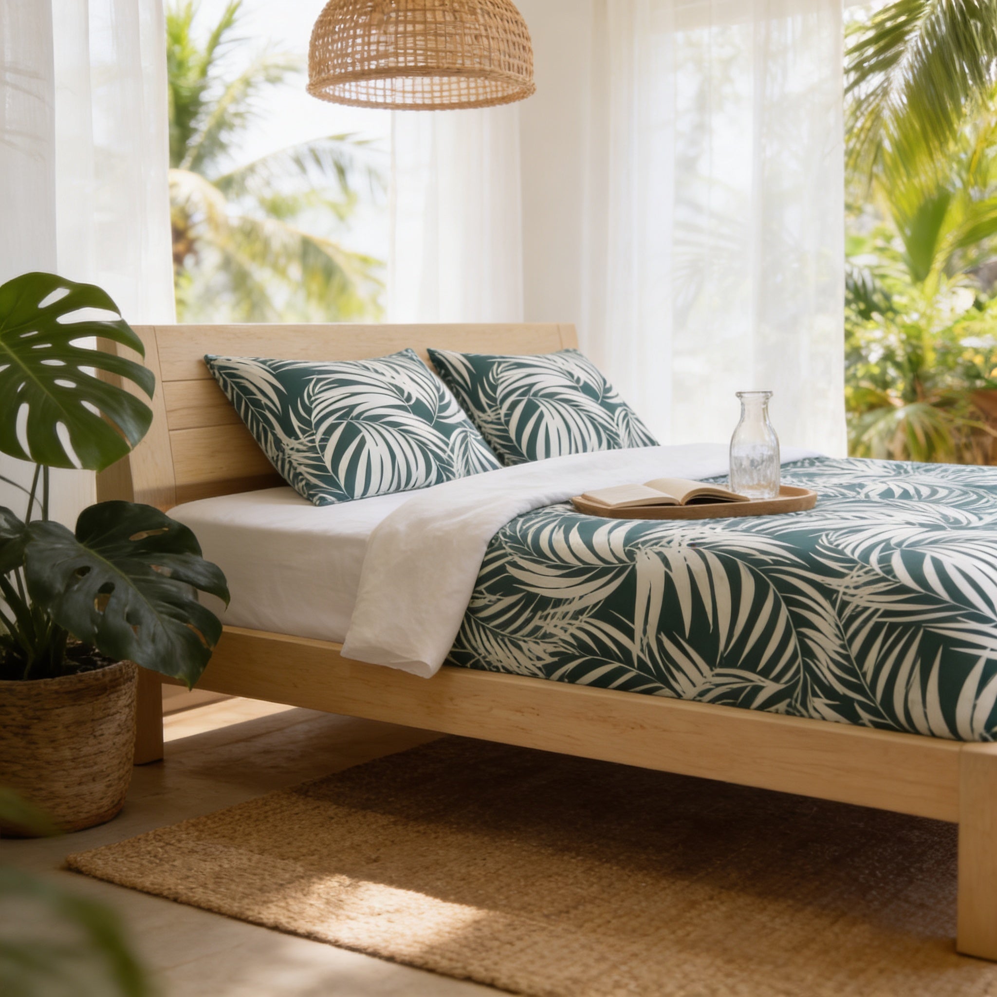 a serene and inviting bedroom with a large bed adorned with a green and white leafy bedspread, a wooden headboard, and a basket of fresh tropical plants. A basket with a vase and a book rests on the bed, and a woven light fixture hangs above it. The room is illuminated by natural light streaming in through the windows, creating a warm and relaxing atmosphere.