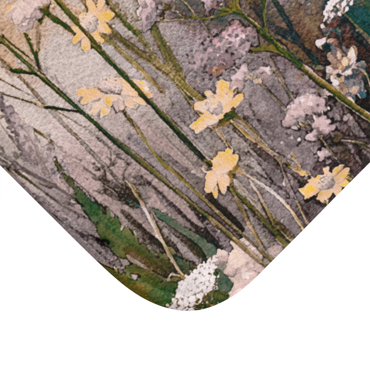The image is a watercolor painting of flowers, with a variety of colors and textures. The painting features a mix of yellow, green, and white flowers, as well as some green leaves. The composition is abstract and organic, with the flowers and leaves arranged in a natural, flowing manner.