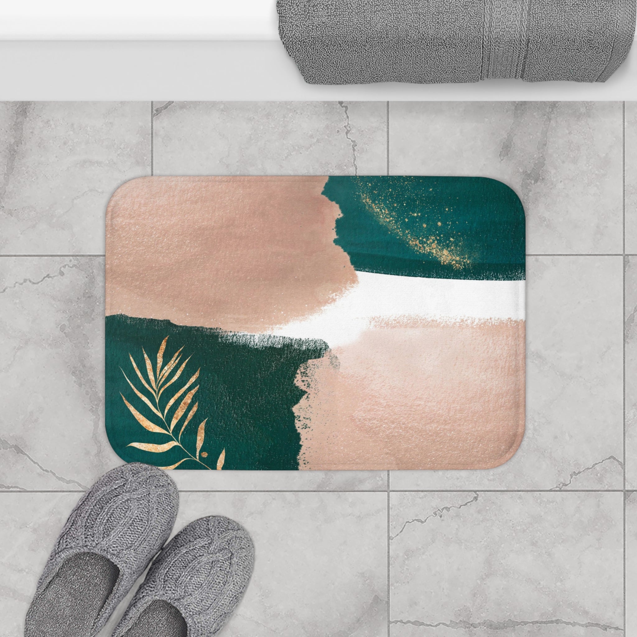 Emerald green, beige and gold floral boho abstract bath mat, full mat view
