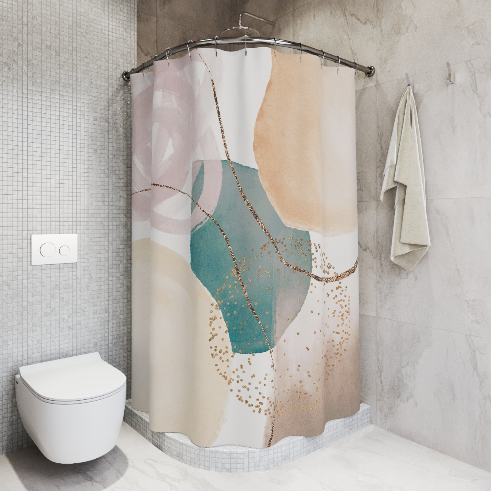 Boho Shower Curtain | Abstract Blush Beige, Teal Green