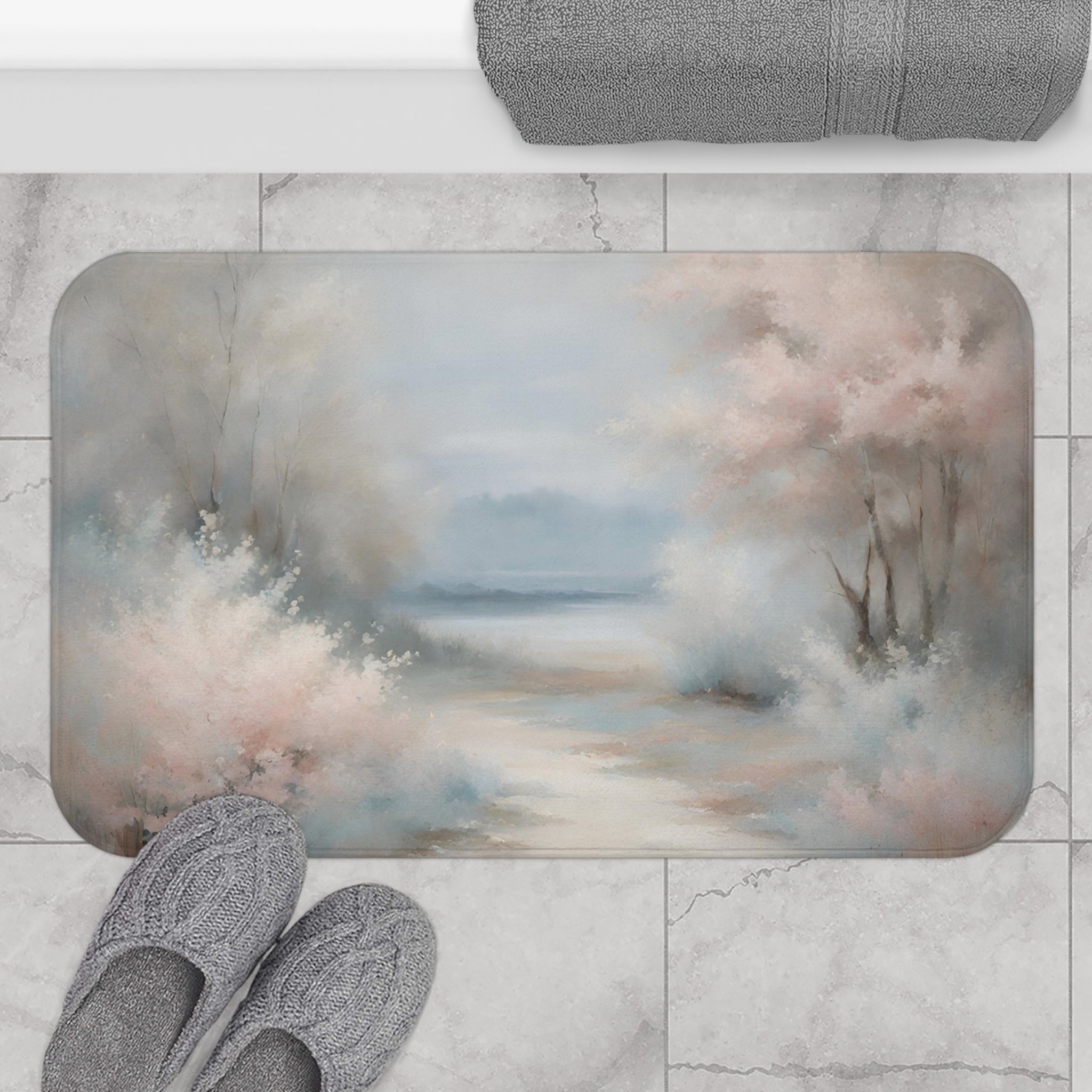 Boho Abstract Bath Mat | Pastel Pink Blue, Landscape Nature Kitchen Mat