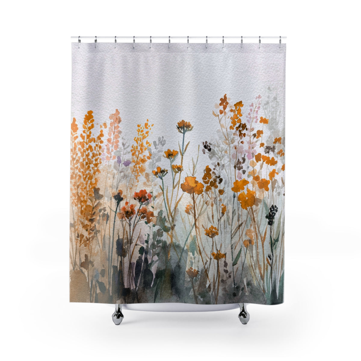 a shower curtain with a watercolor-style floral design.
