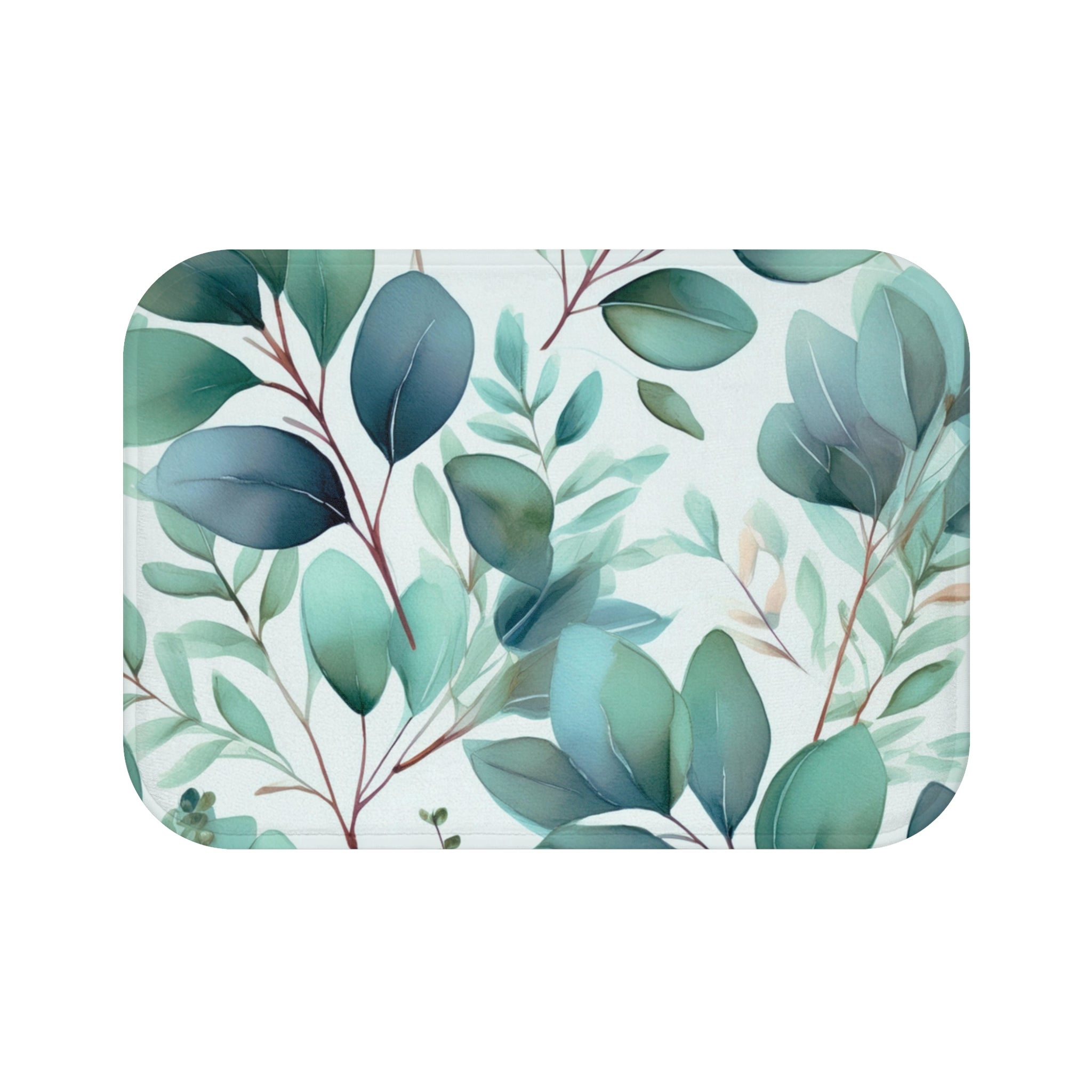 Green Leaves Bath Mat | Teal Blue White Colorful Kitchen Mat