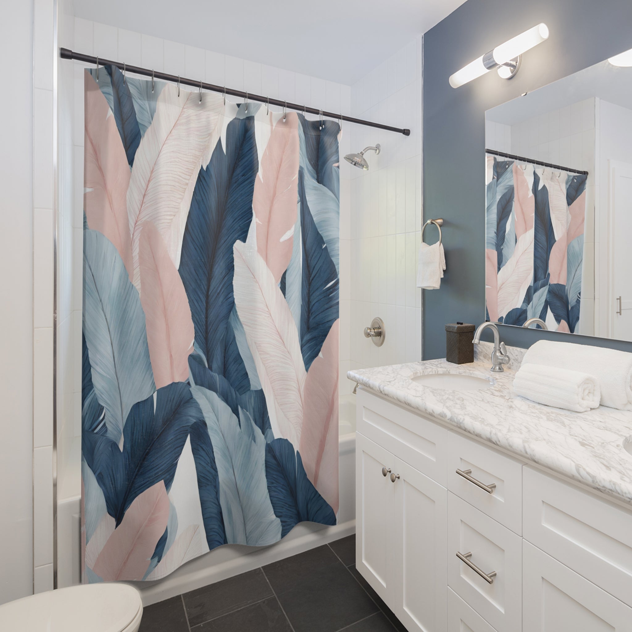Tropical Floral Shower Curtain | Navy Sky Blue, Blush Pink Leaves