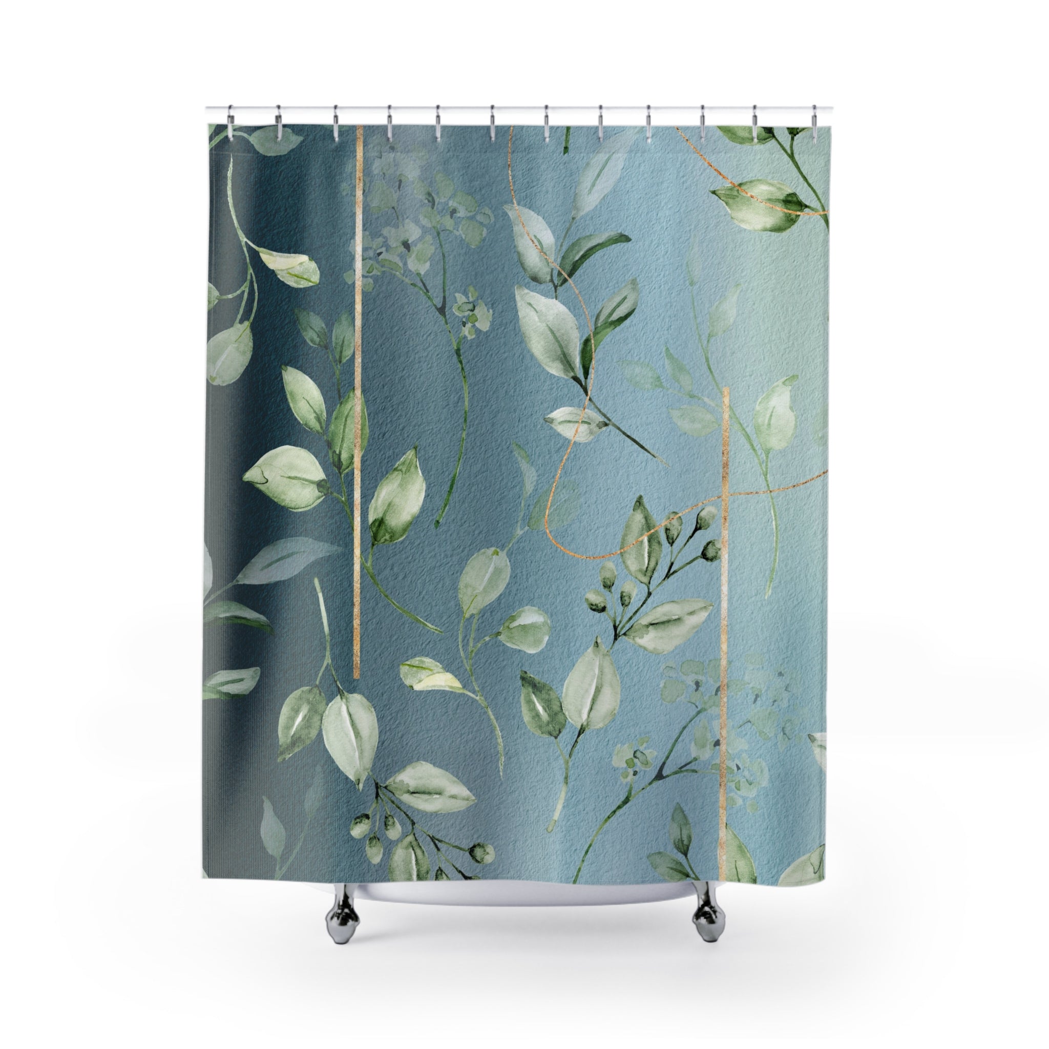 Boho Floral Shower Curtain | Navy Dusty Blue, Sage Green Leaves