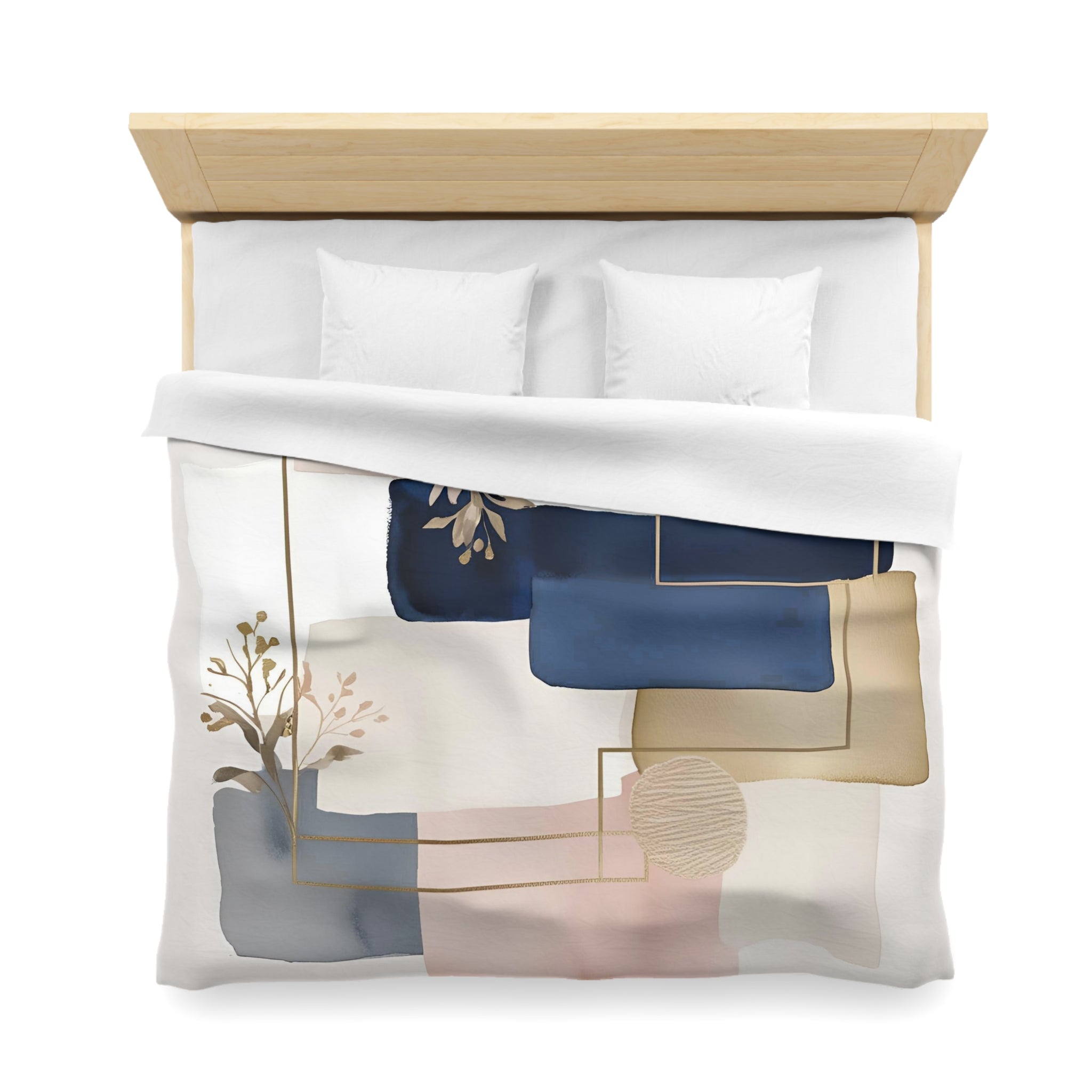 a neatly made bed with a white comforter and two pillows. The bed has a wooden headboard and a colorful abstract pattern on the comforter.