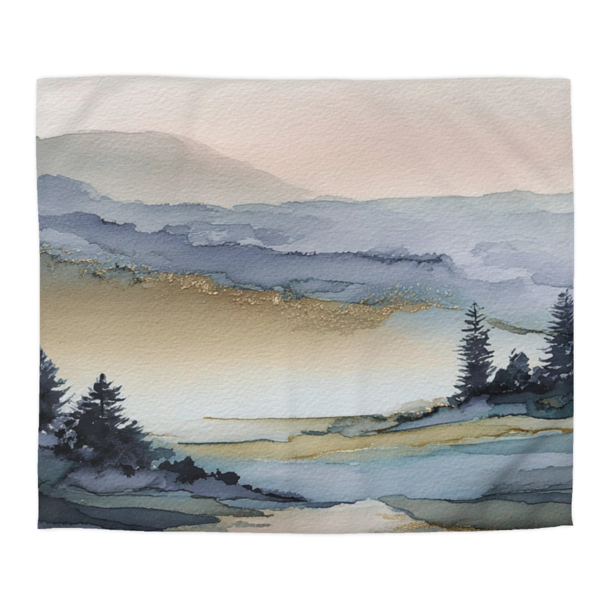 a serene landscape with a body of water, mountains, and trees.