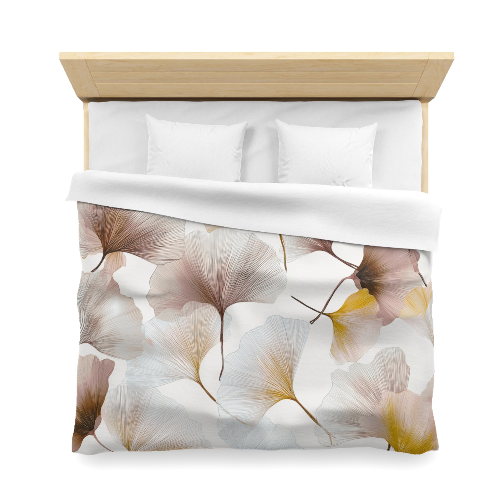 White and yellow floral duvet cover styled with neutral bedroom decor