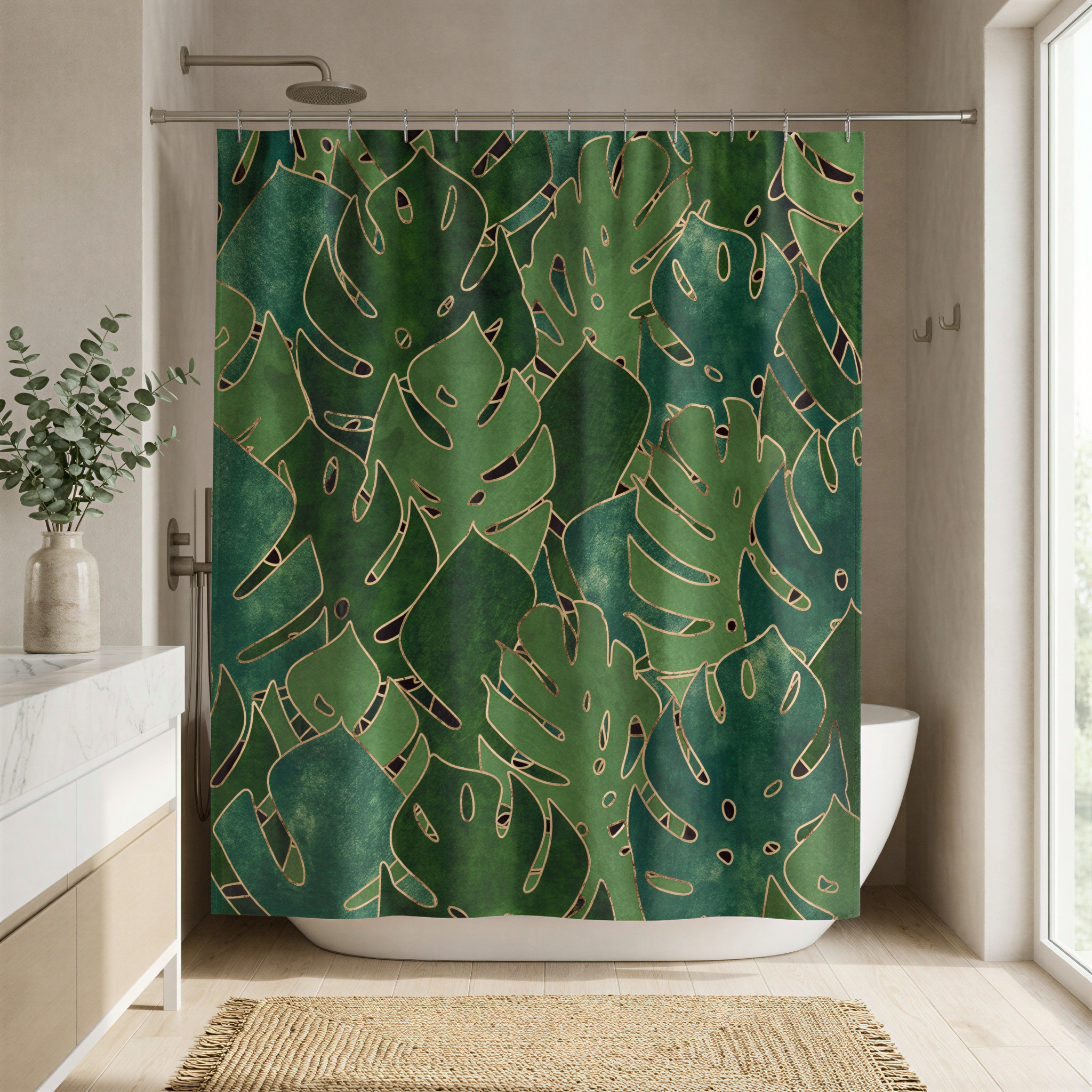 a bathroom with a shower curtain adorned with a tropical leaf pattern in shades of green and gold. The shower curtain is hanging from a rod above a white bathtub, which is positioned in the background of the image. The bathroom also includes a rug on the floor and a potted plant on the countertop.