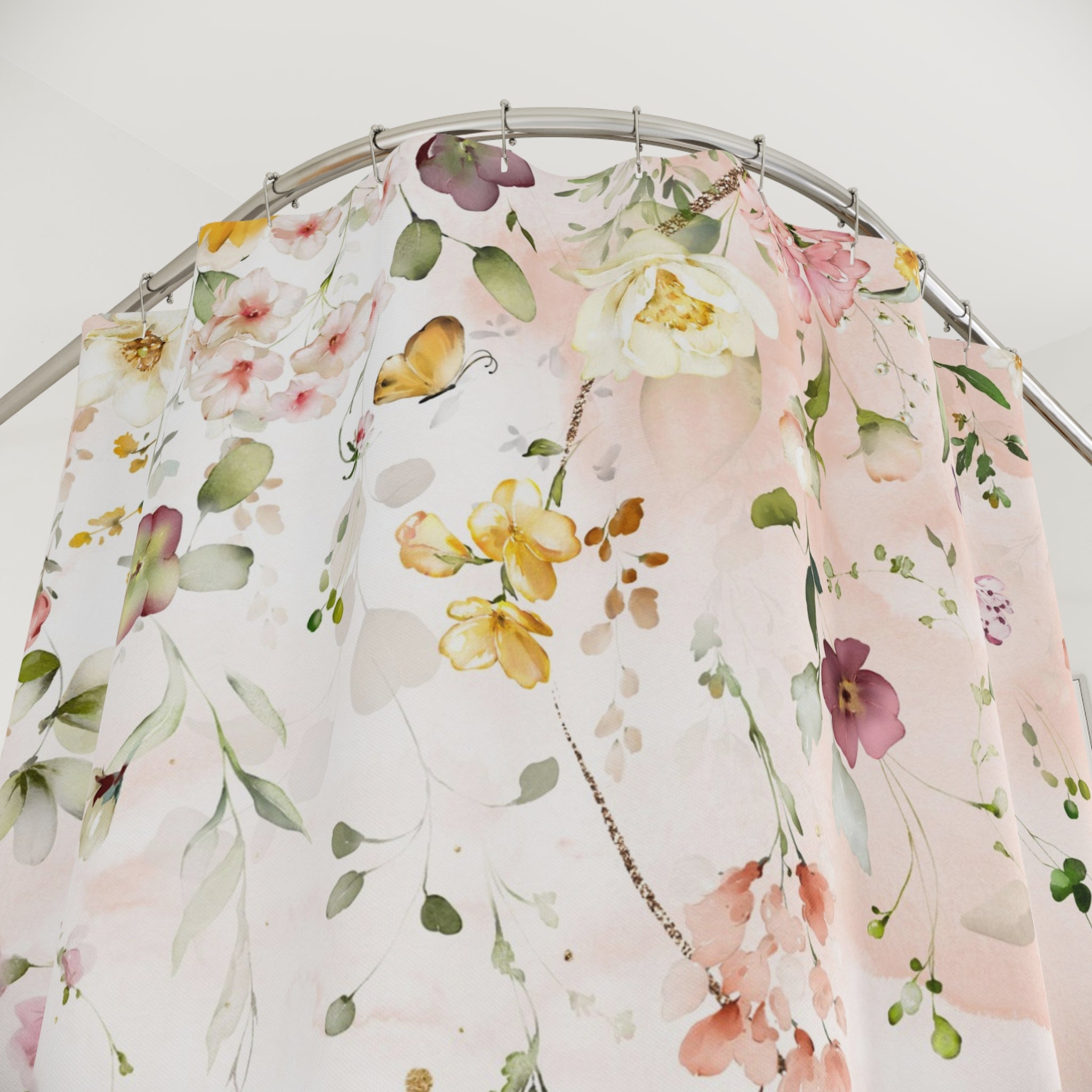 Boho Floral Shower Curtain | Blush Pink Colorful Green