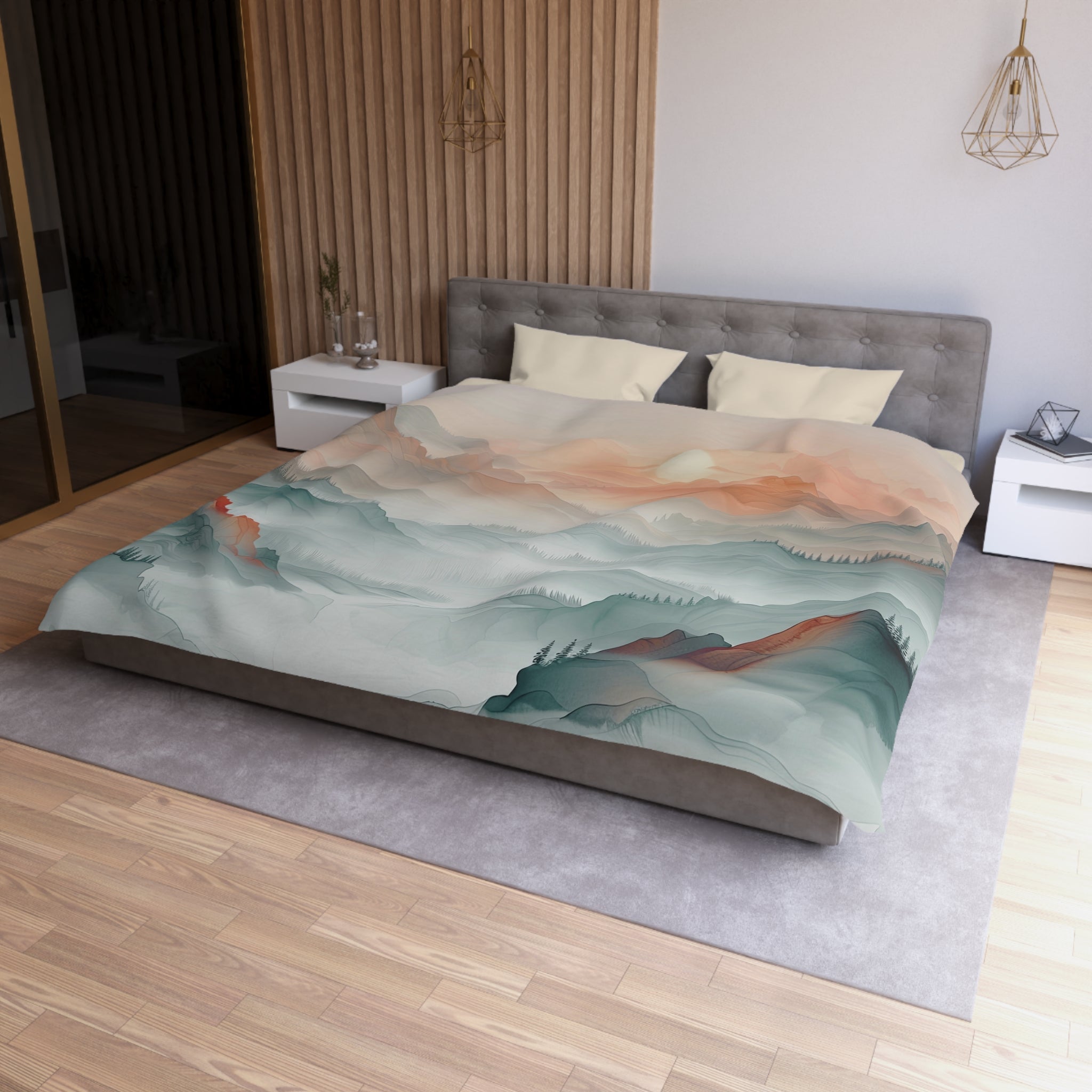 Landscape Duvet Cover | Nature Boho Mountain, Grey Peach Bedding Decor | Bedroom Decor