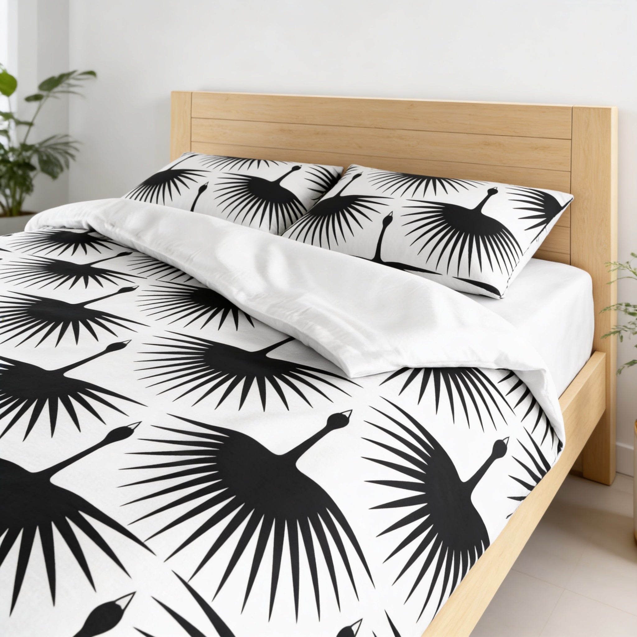 a bed with a black and white patterned comforter and pillows.