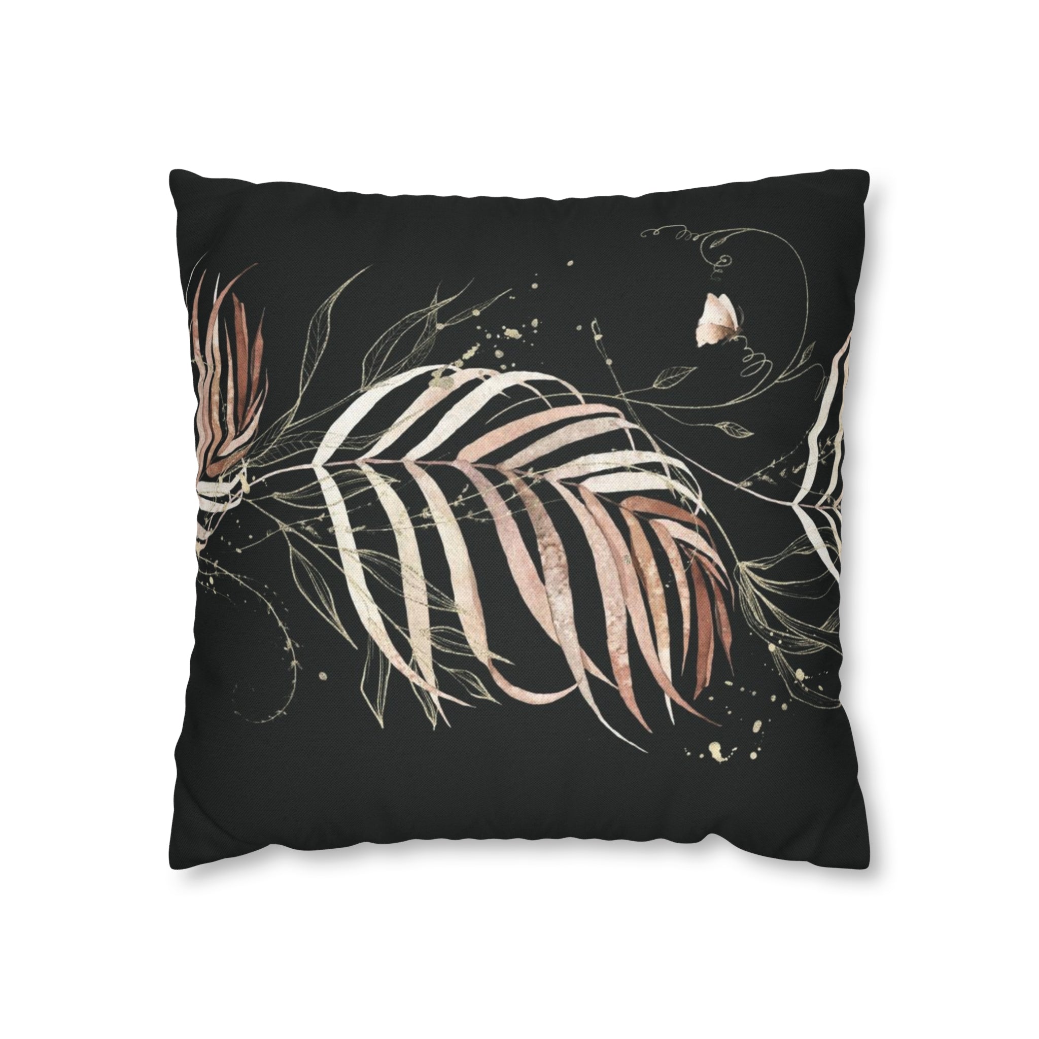 Black Floral Pillow Cover | Beige Leaves