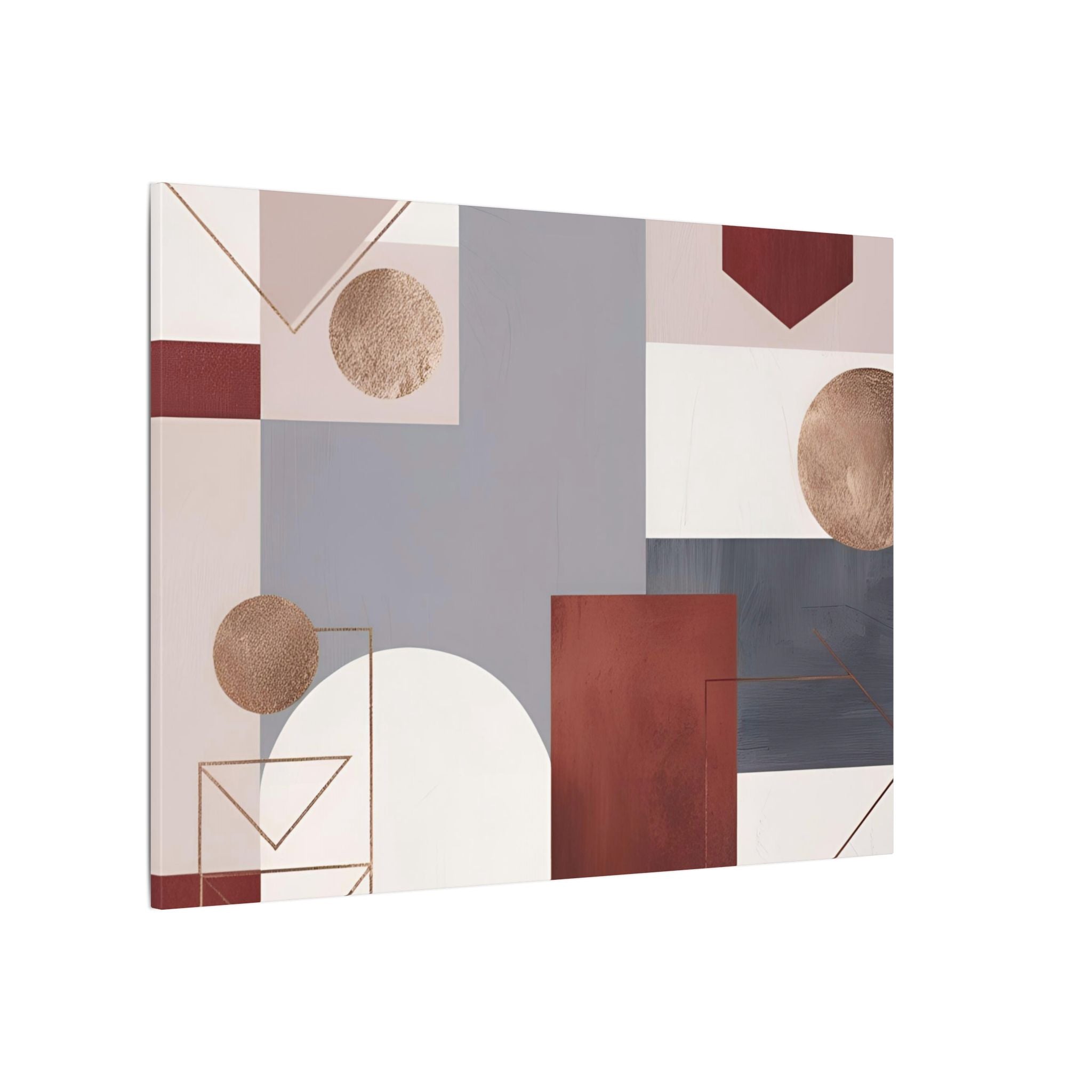The image is a modern abstract art piece featuring a variety of geometric shapes and patterns in shades of gray, red, and white.