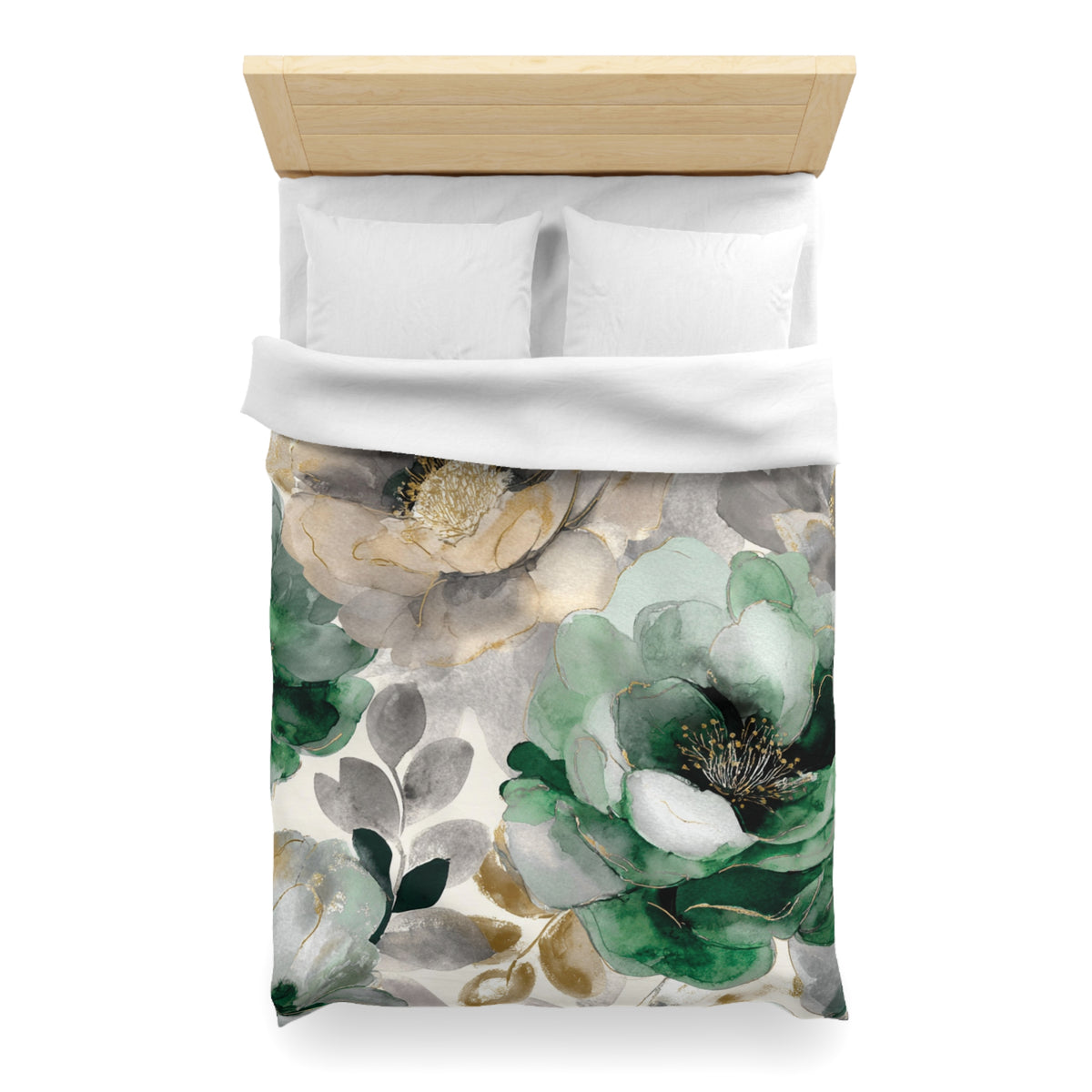 a bed with a floral print duvet cover featuring a combination of green and gray flowers, along with some leaves. The duvet cover is neatly spread over the bed, and there are two white pillows on the bed.