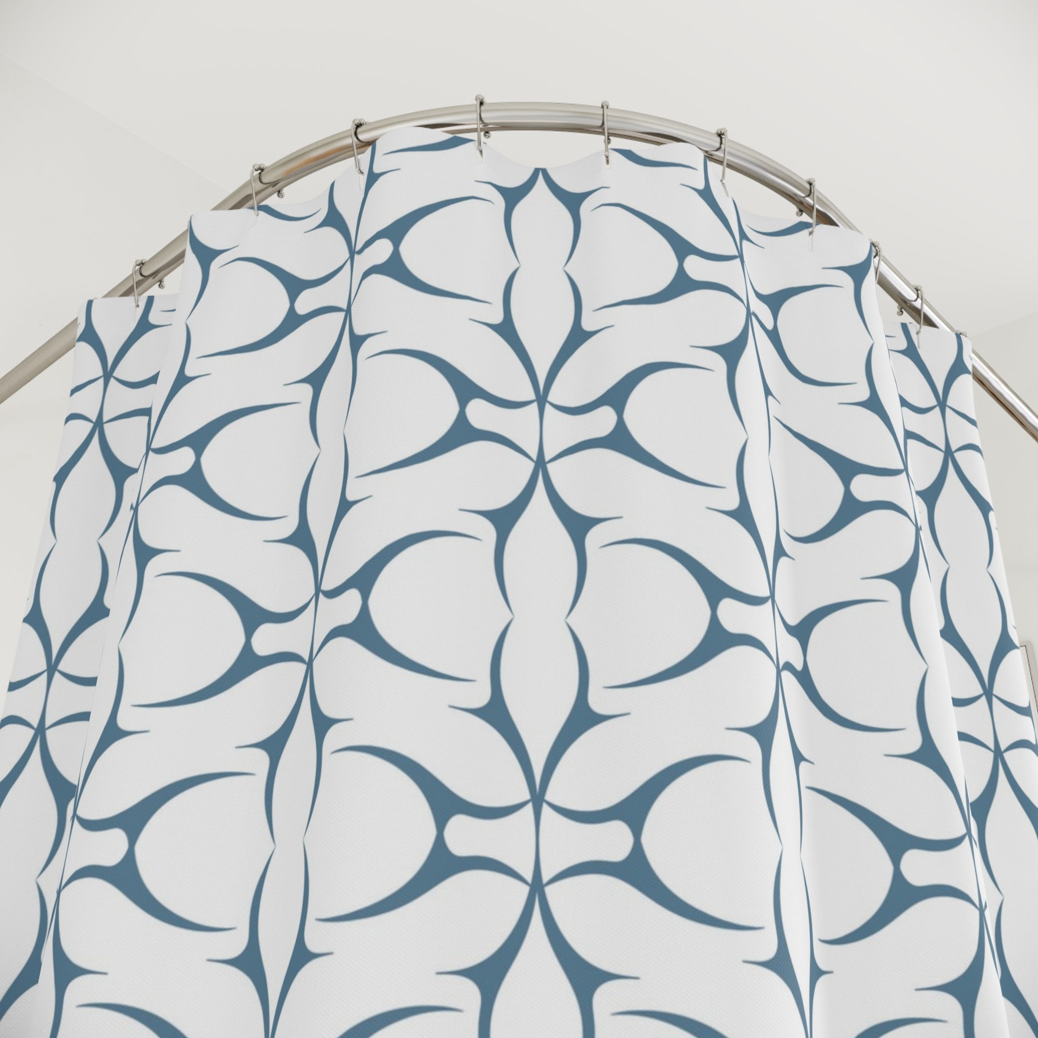 Boho Shower Curtain | Retro Art Deco White Blue Geometric